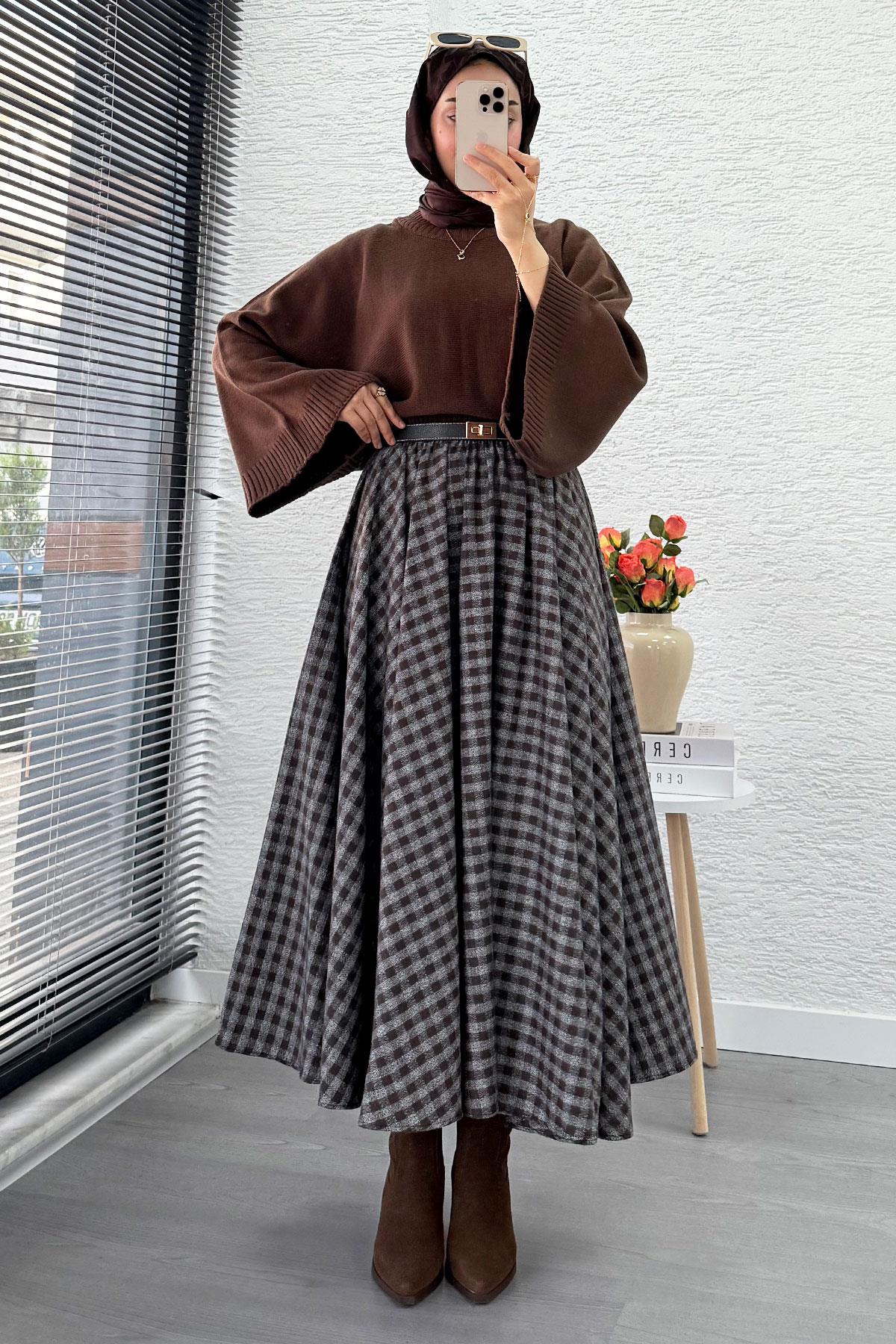 Beli Lastikli Midiboy Ekose Desen Etek - Kahve