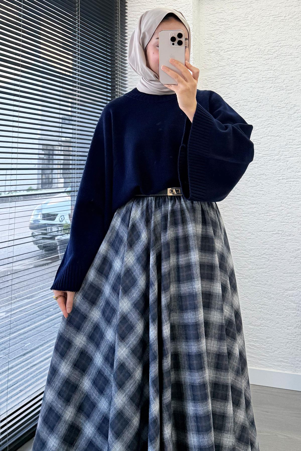 Beli Lastikli Midiboy Ekose Desen Etek - Lacivert