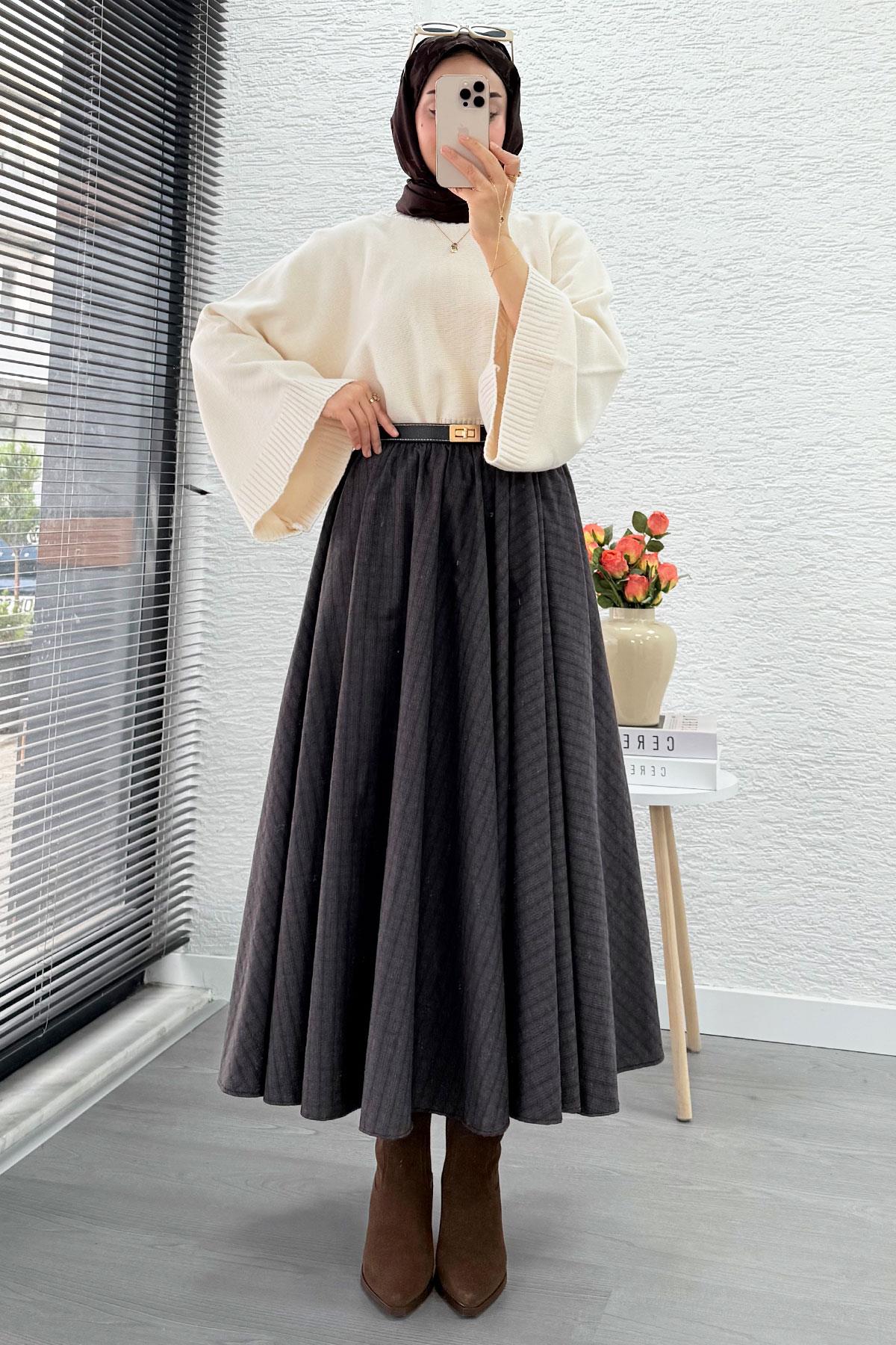 Beli Lastikli Midiboy Ekose Desen Etek - Acı Kahve