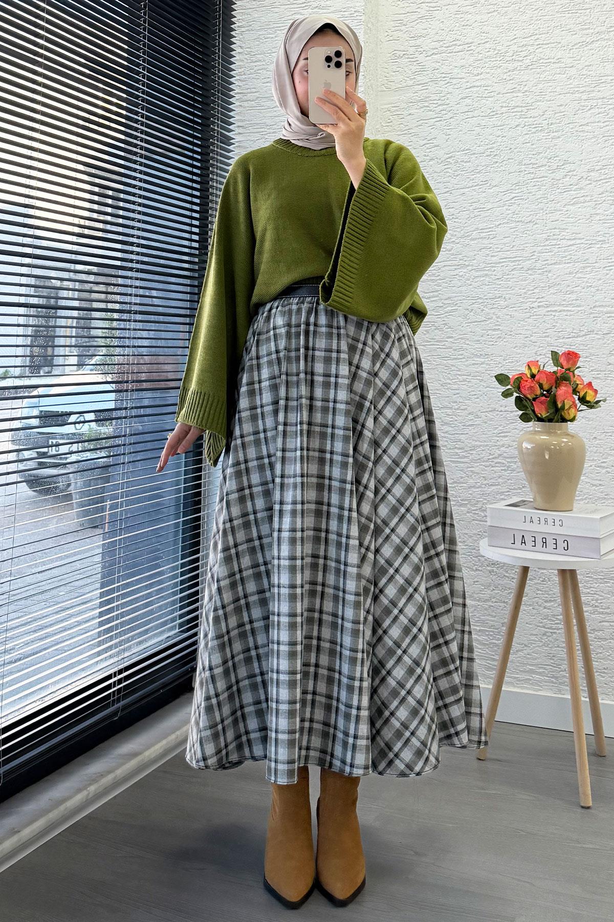 Beli Lastikli Midiboy Ekose Desen Etek - Yeşil