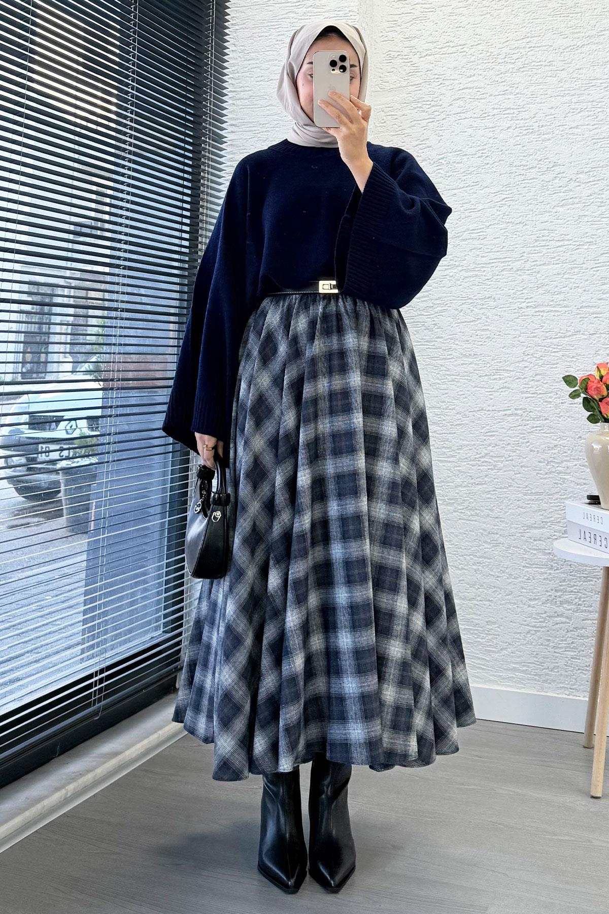 Beli Lastikli Midiboy Ekose Desen Etek - Lacivert