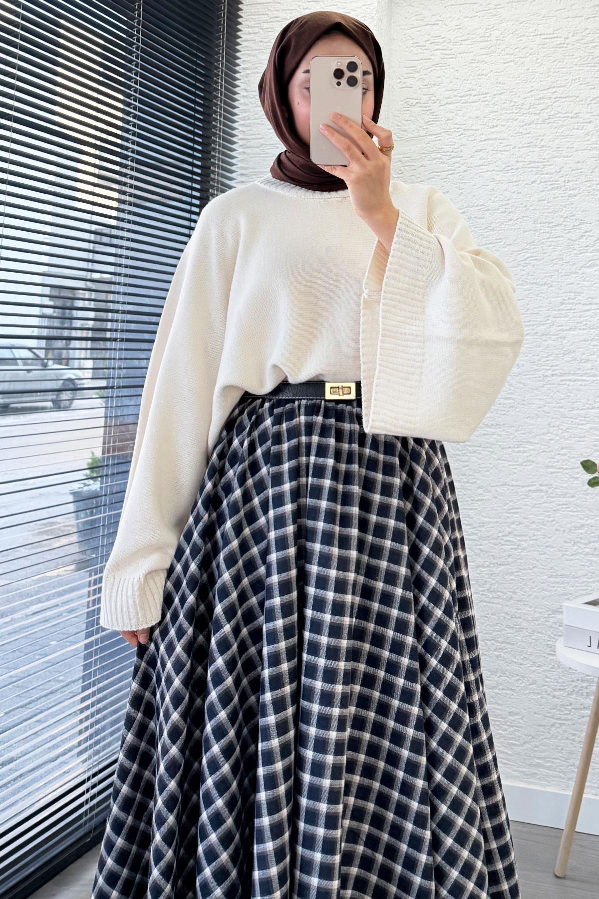 Beli Lastikli Midiboy Ekose Desen Etek - Siyah