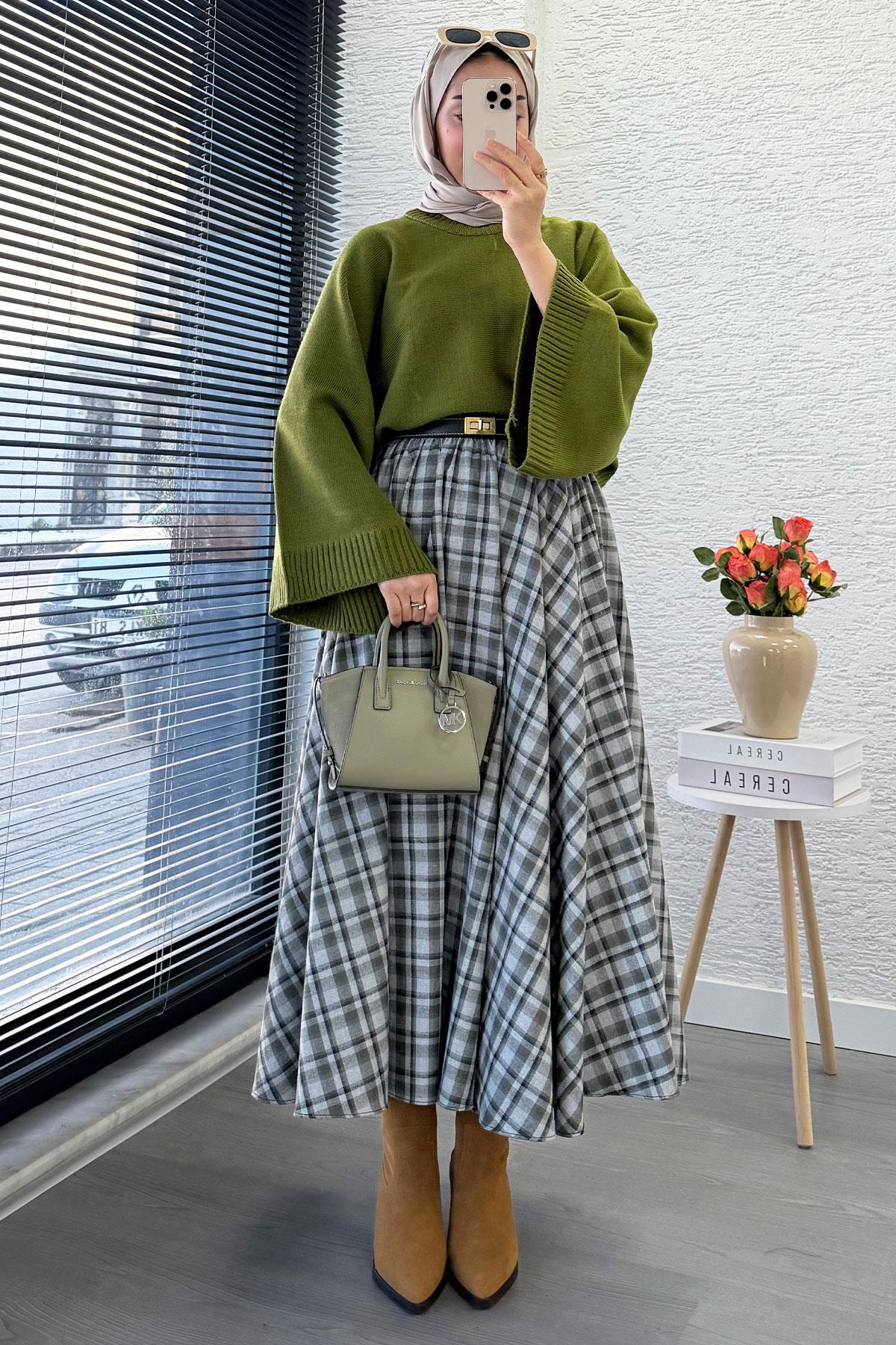 Beli Lastikli Midiboy Ekose Desen Etek - Yeşil