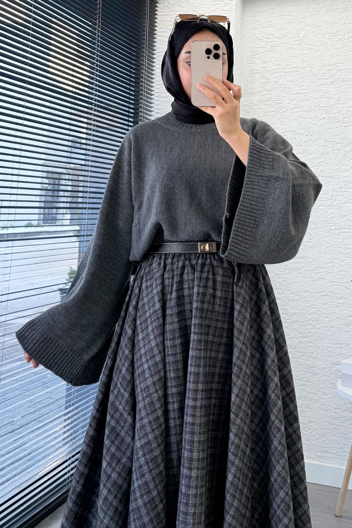 Beli Lastikli Midiboy Ekose Desen Etek - Gri