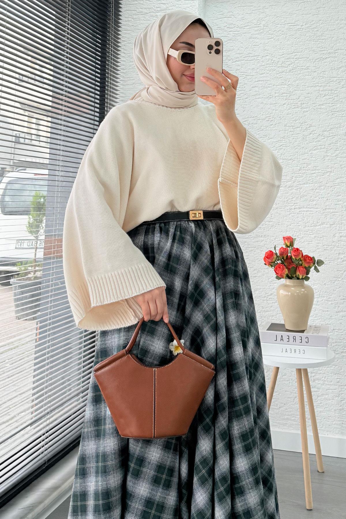 Beli Lastikli Midiboy Ekose Desen Etek - Zümrüt