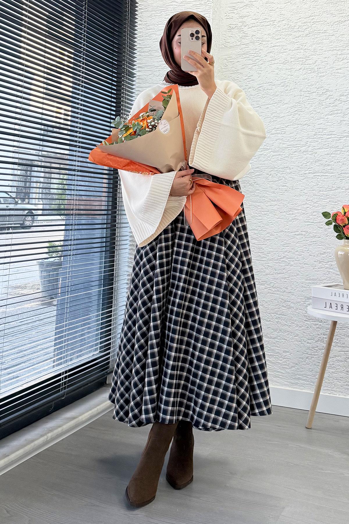 Beli Lastikli Midiboy Ekose Desen Etek - Siyah