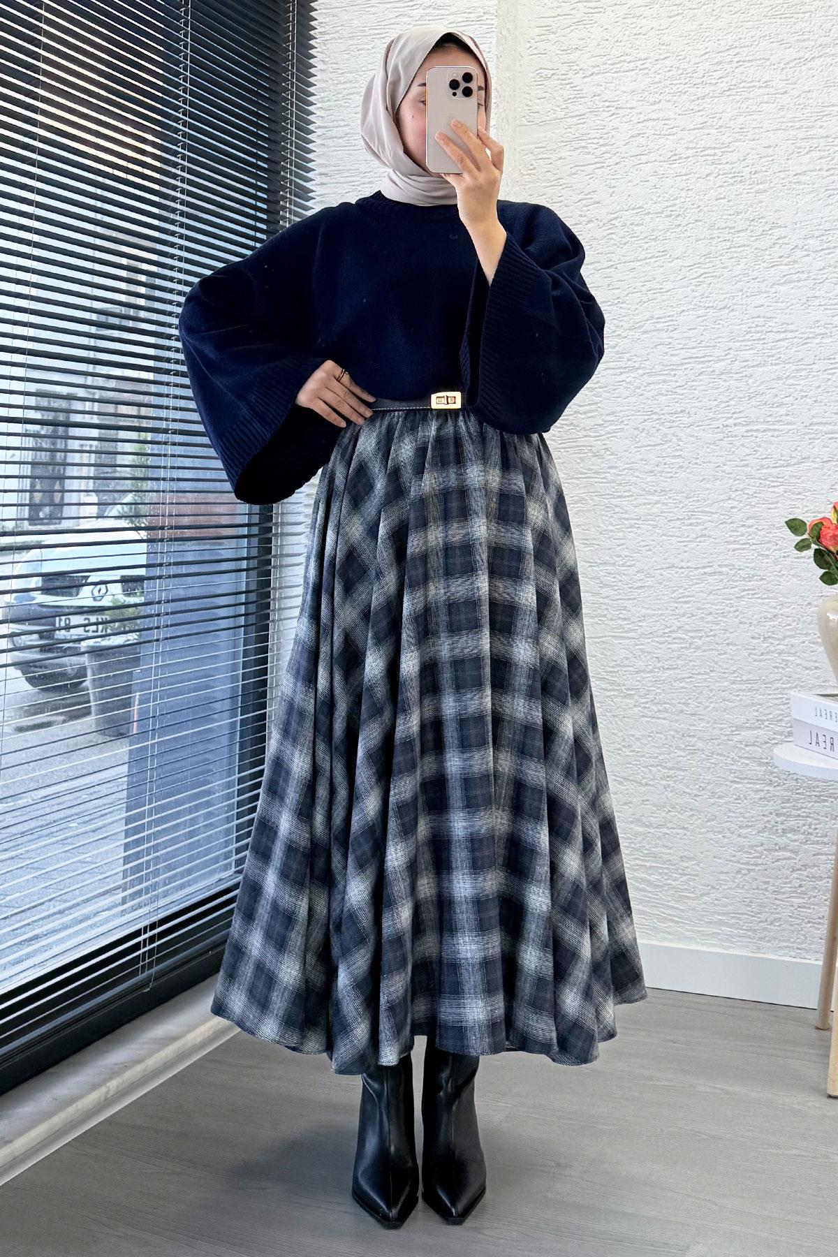 Beli Lastikli Midiboy Ekose Desen Etek - Lacivert