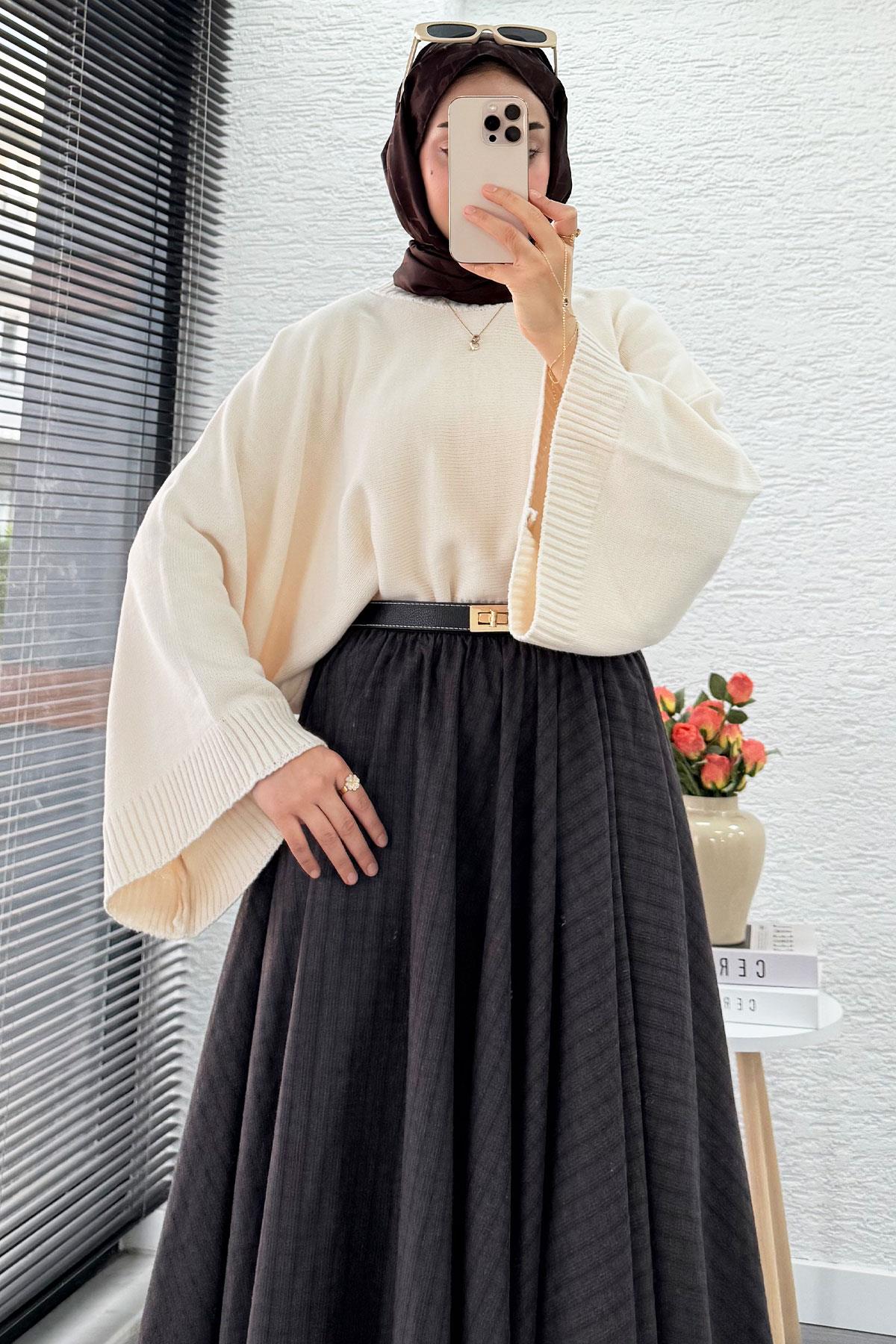 Beli Lastikli Midiboy Ekose Desen Etek - Acı Kahve