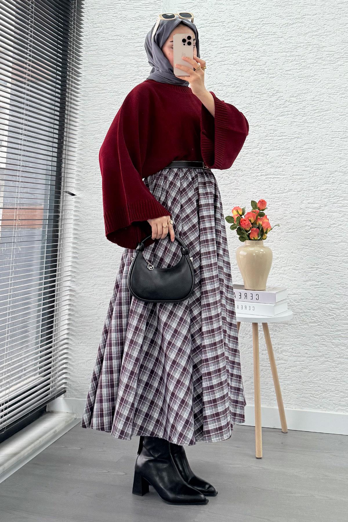 Beli Lastikli Midiboy Ekose Desen Etek - Bordo - Gri