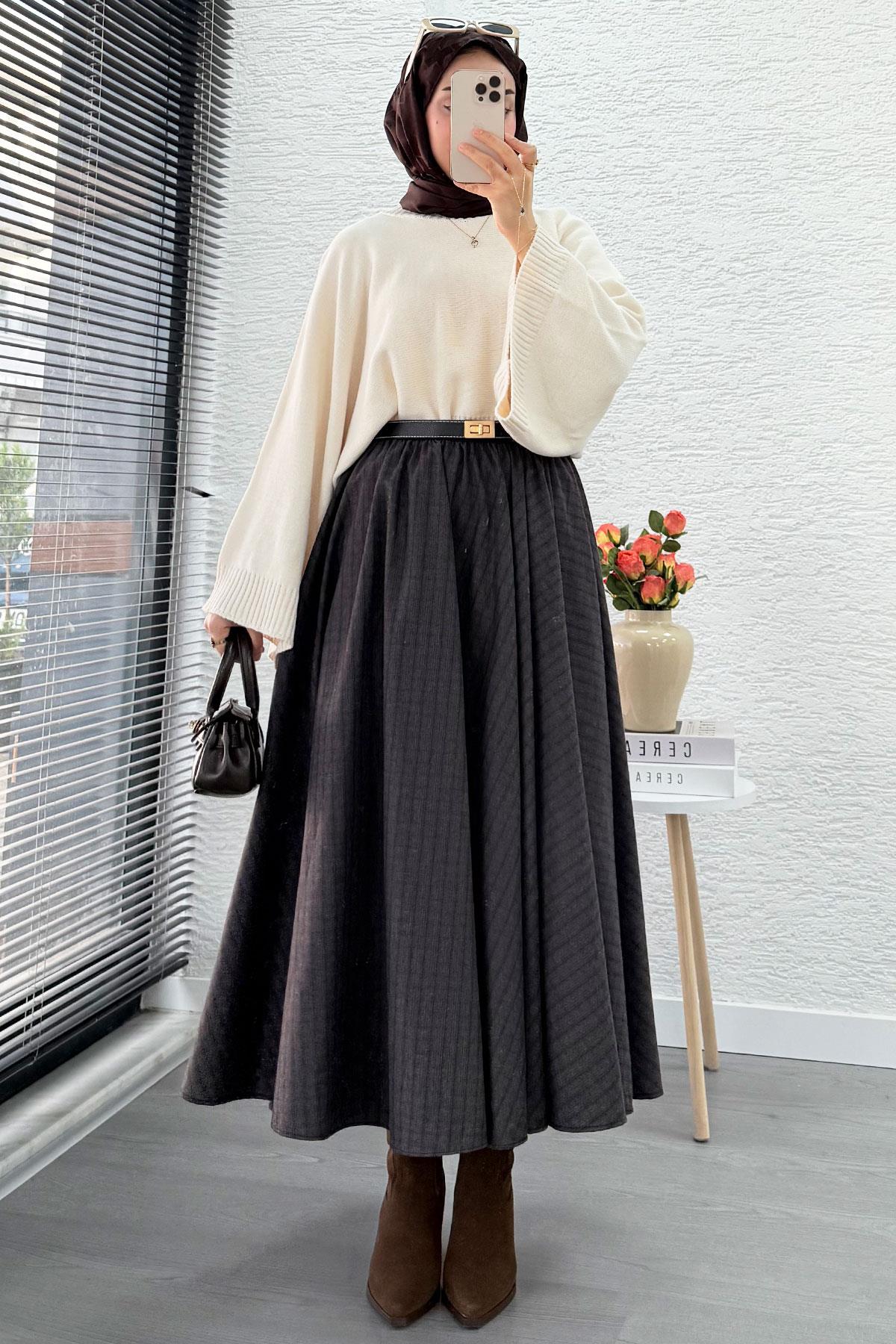 Beli Lastikli Midiboy Ekose Desen Etek - Acı Kahve