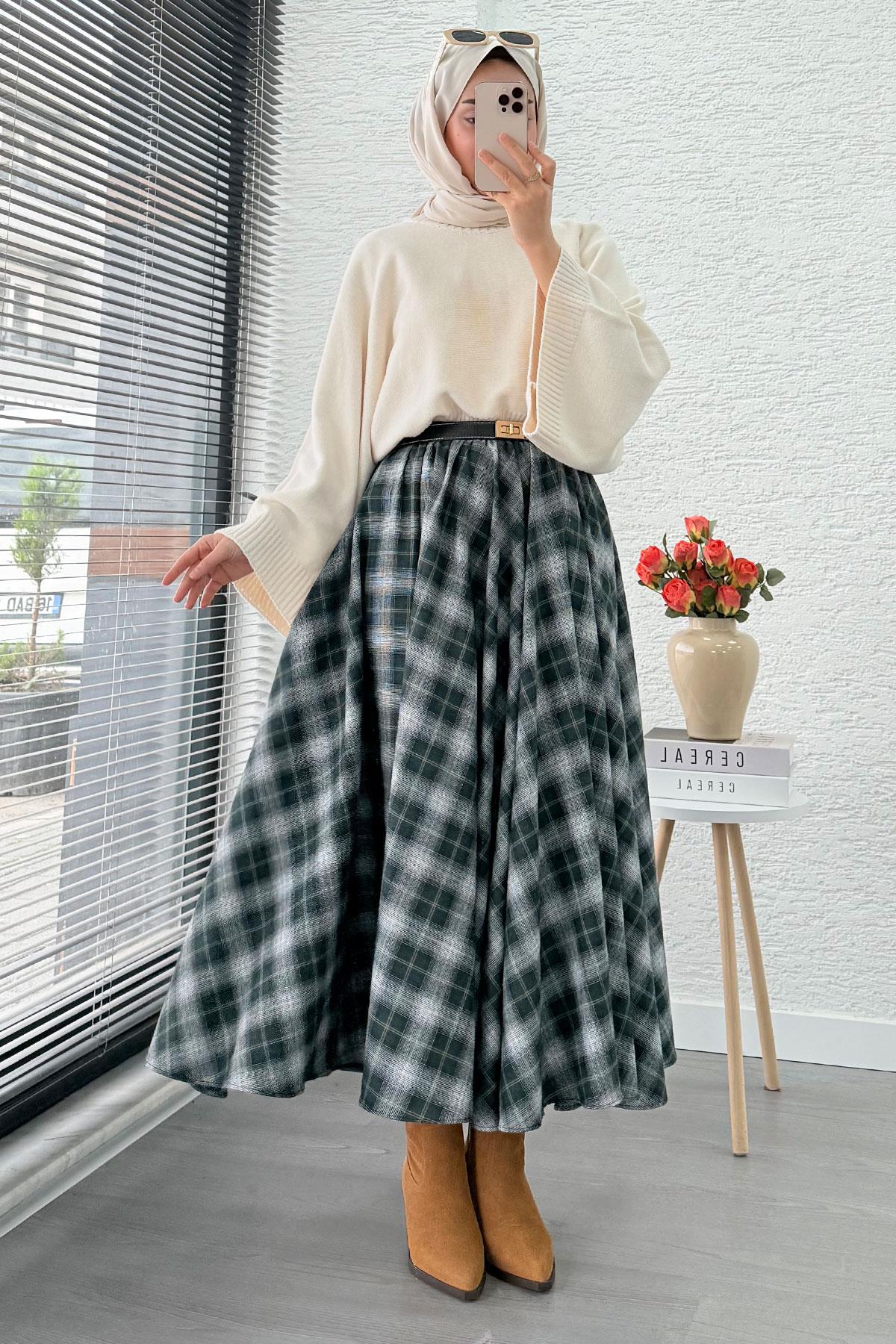 Beli Lastikli Midiboy Ekose Desen Etek - Zümrüt