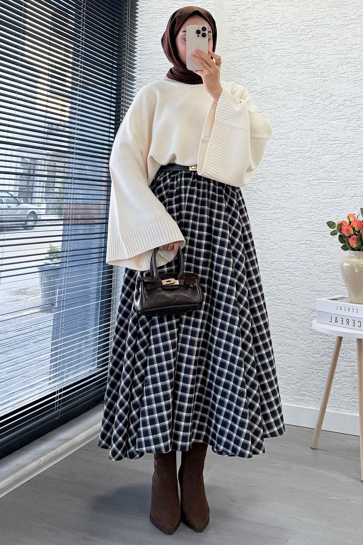 Beli Lastikli Midiboy Ekose Desen Etek - Siyah