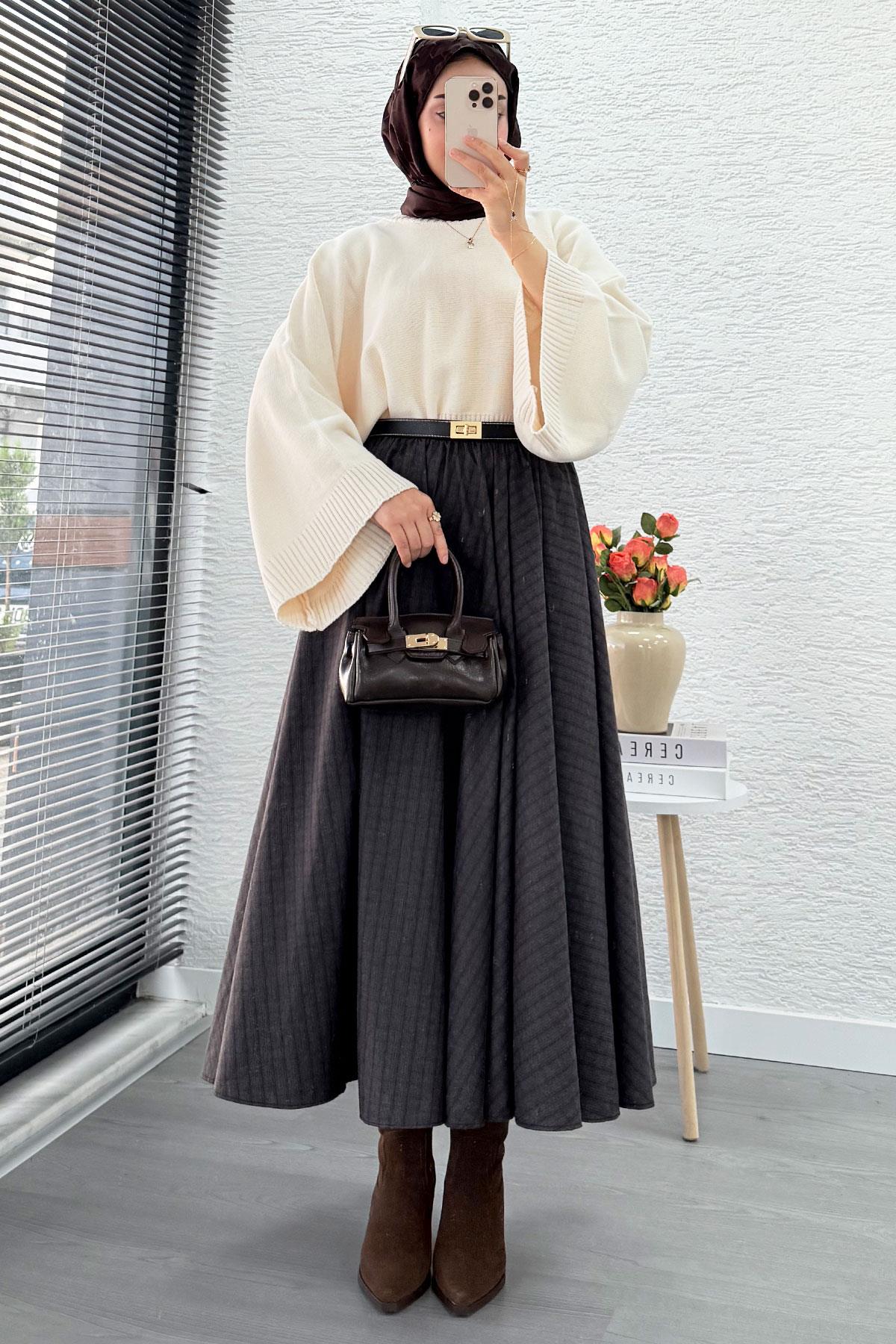 Beli Lastikli Midiboy Ekose Desen Etek - Acı Kahve