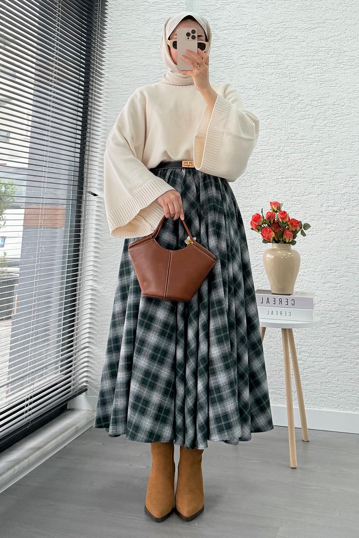 Beli Lastikli Midiboy Ekose Desen Etek - Zümrüt