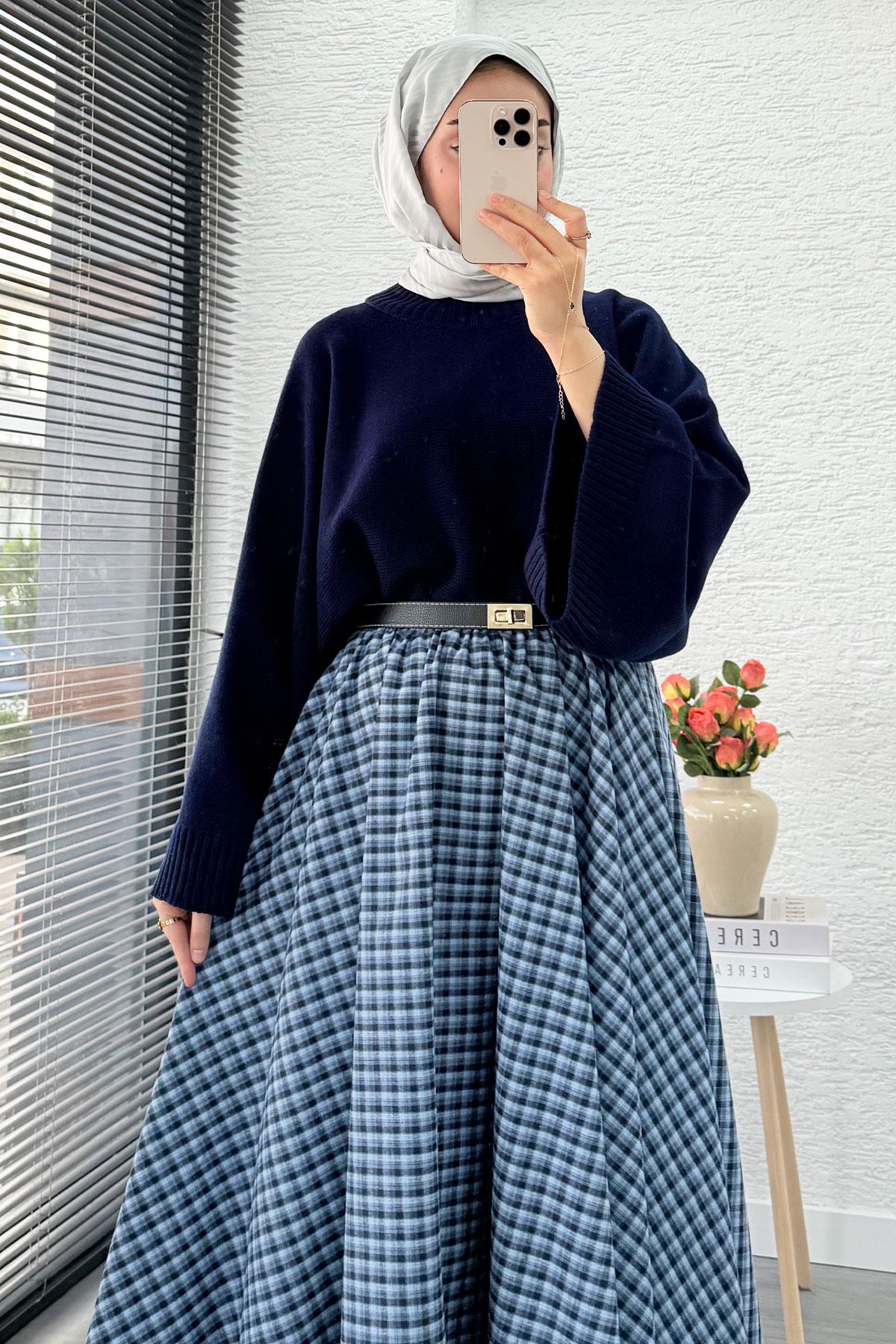 Beli Lastikli Midiboy Ekose Desen Etek - Mavi