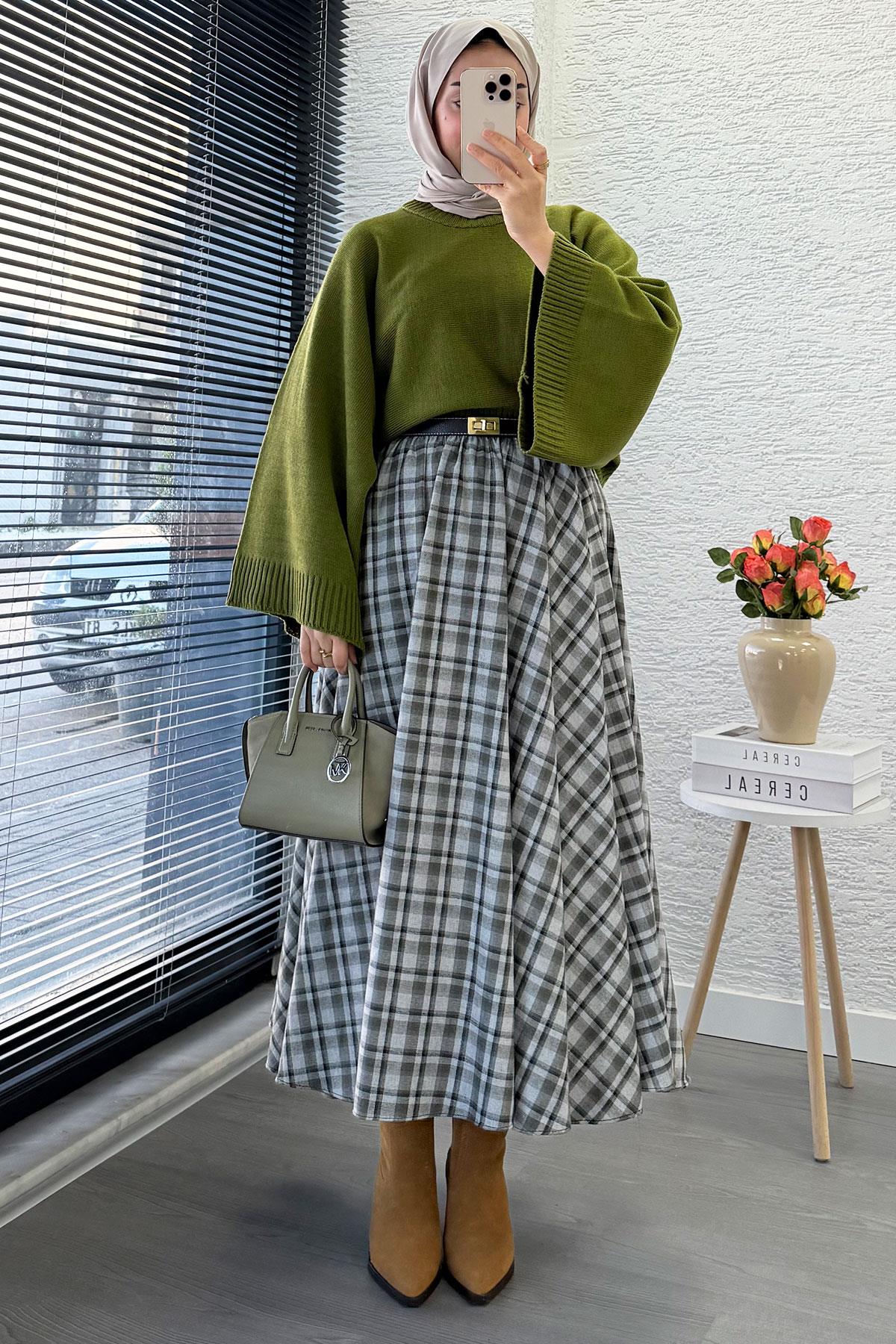 Beli Lastikli Midiboy Ekose Desen Etek - Yeşil