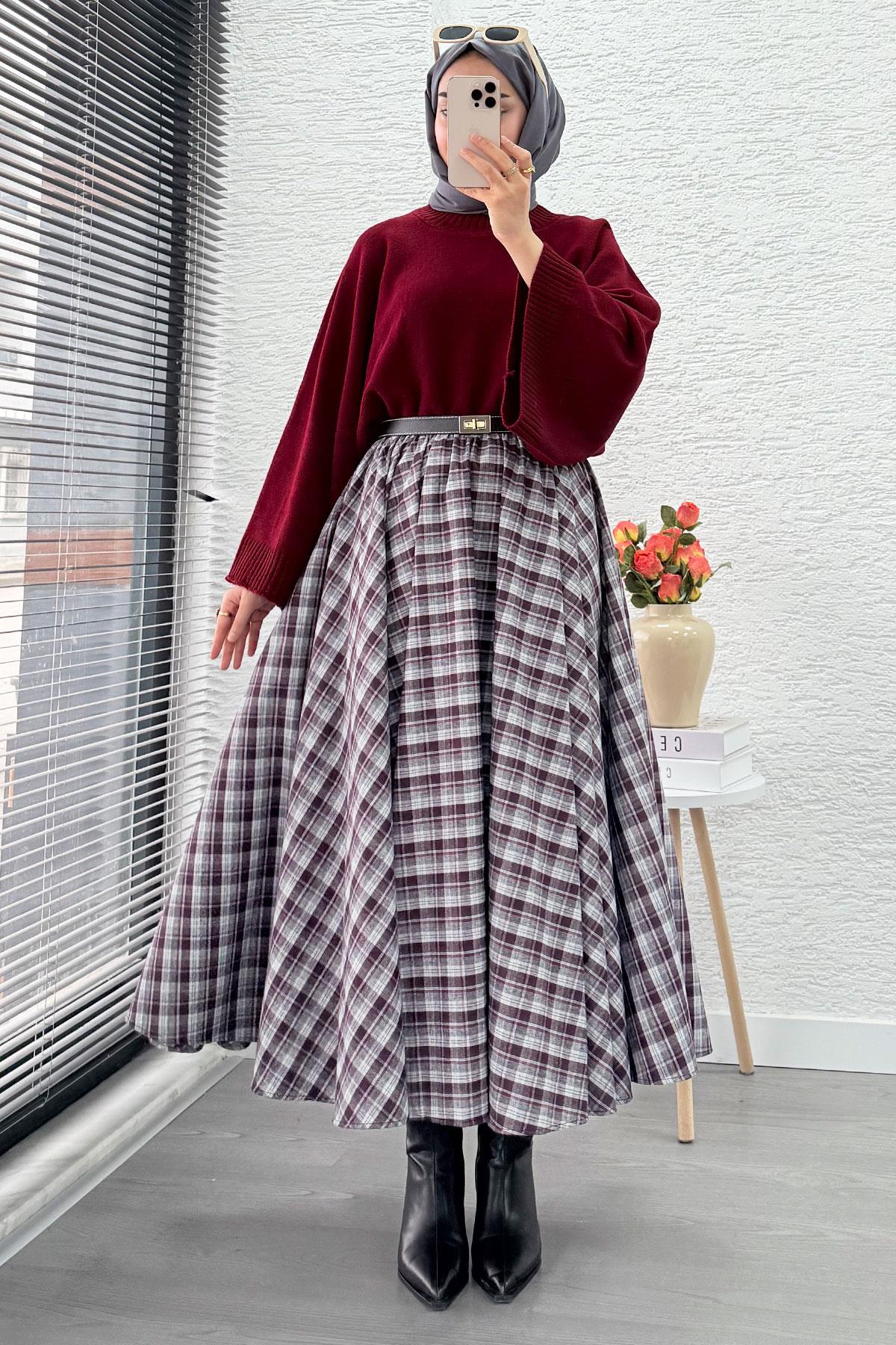 Beli Lastikli Midiboy Ekose Desen Etek - Bordo - Gri