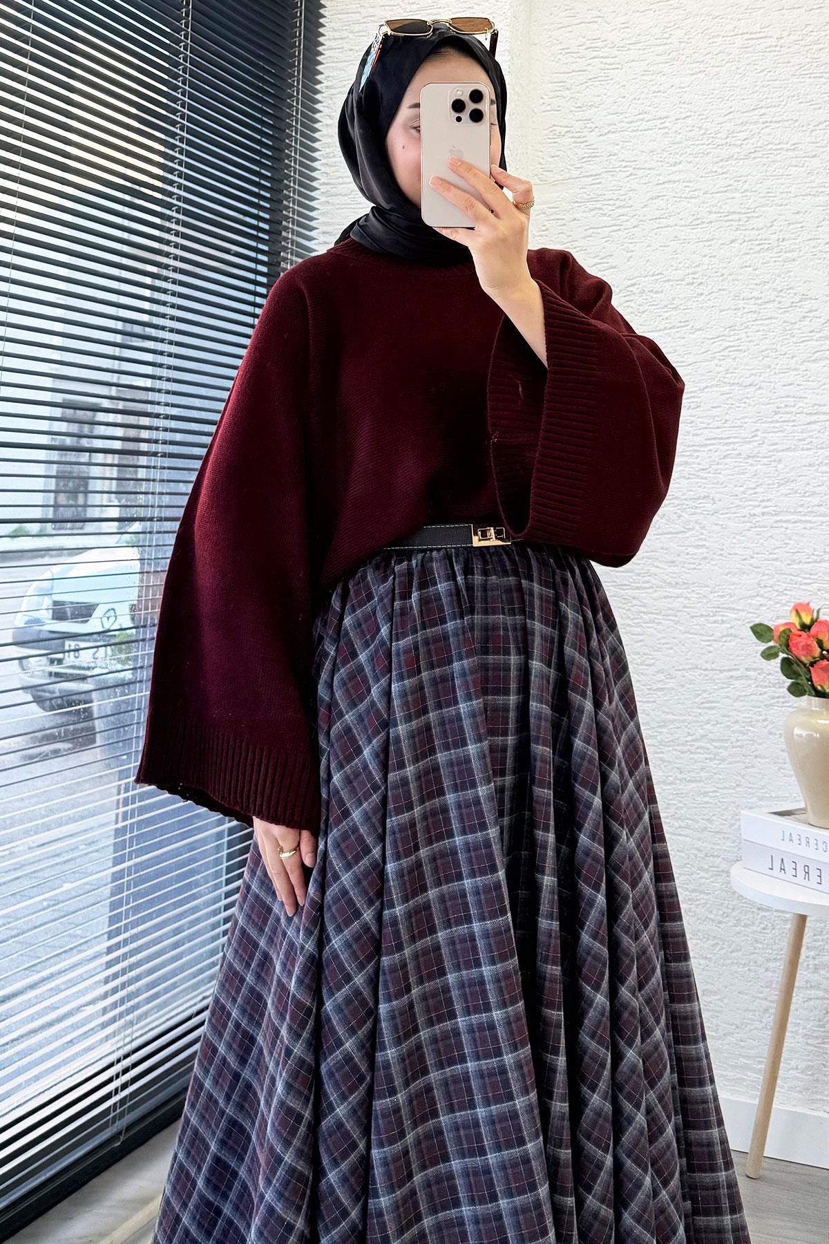 Beli Lastikli Midiboy Ekose Desen Etek - Bordo