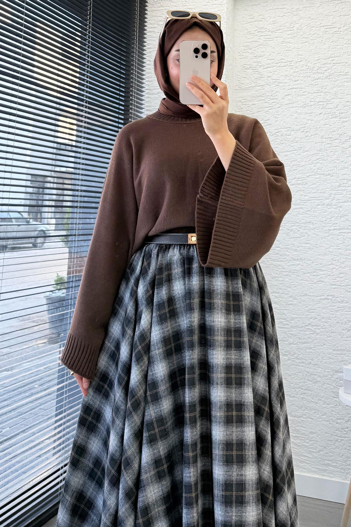 Beli Lastikli Midiboy Ekose Desen Etek - Kahverengi