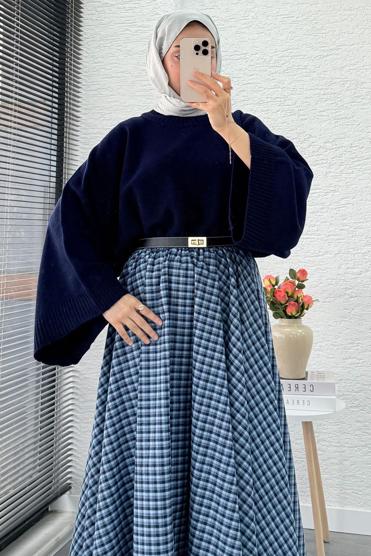 Beli Lastikli Midiboy Ekose Desen Etek - Mavi