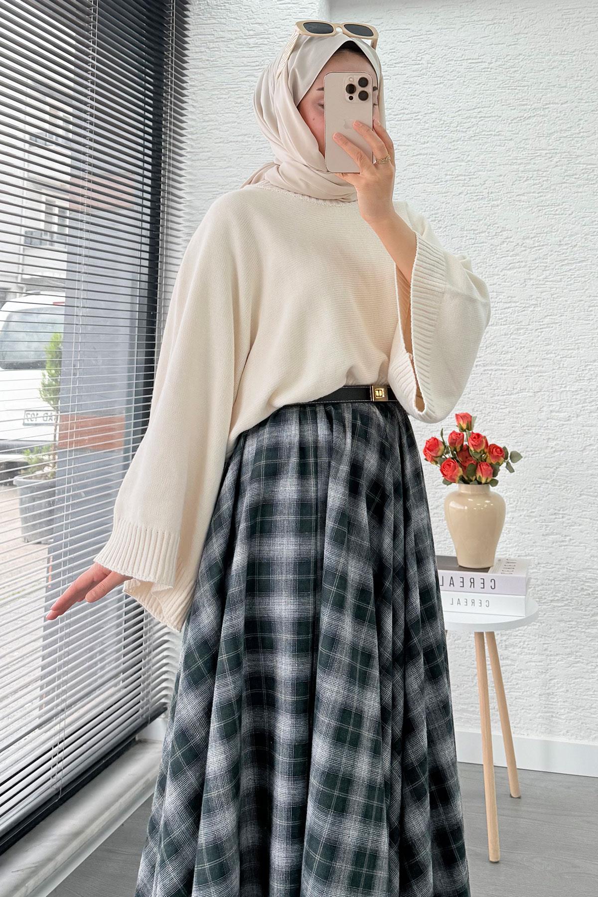 Beli Lastikli Midiboy Ekose Desen Etek - Zümrüt