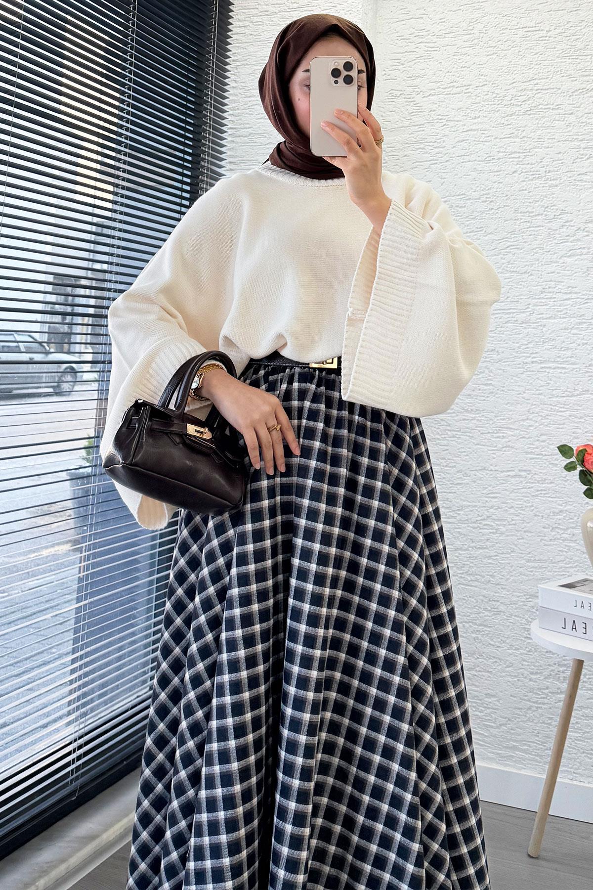 Beli Lastikli Midiboy Ekose Desen Etek - Siyah