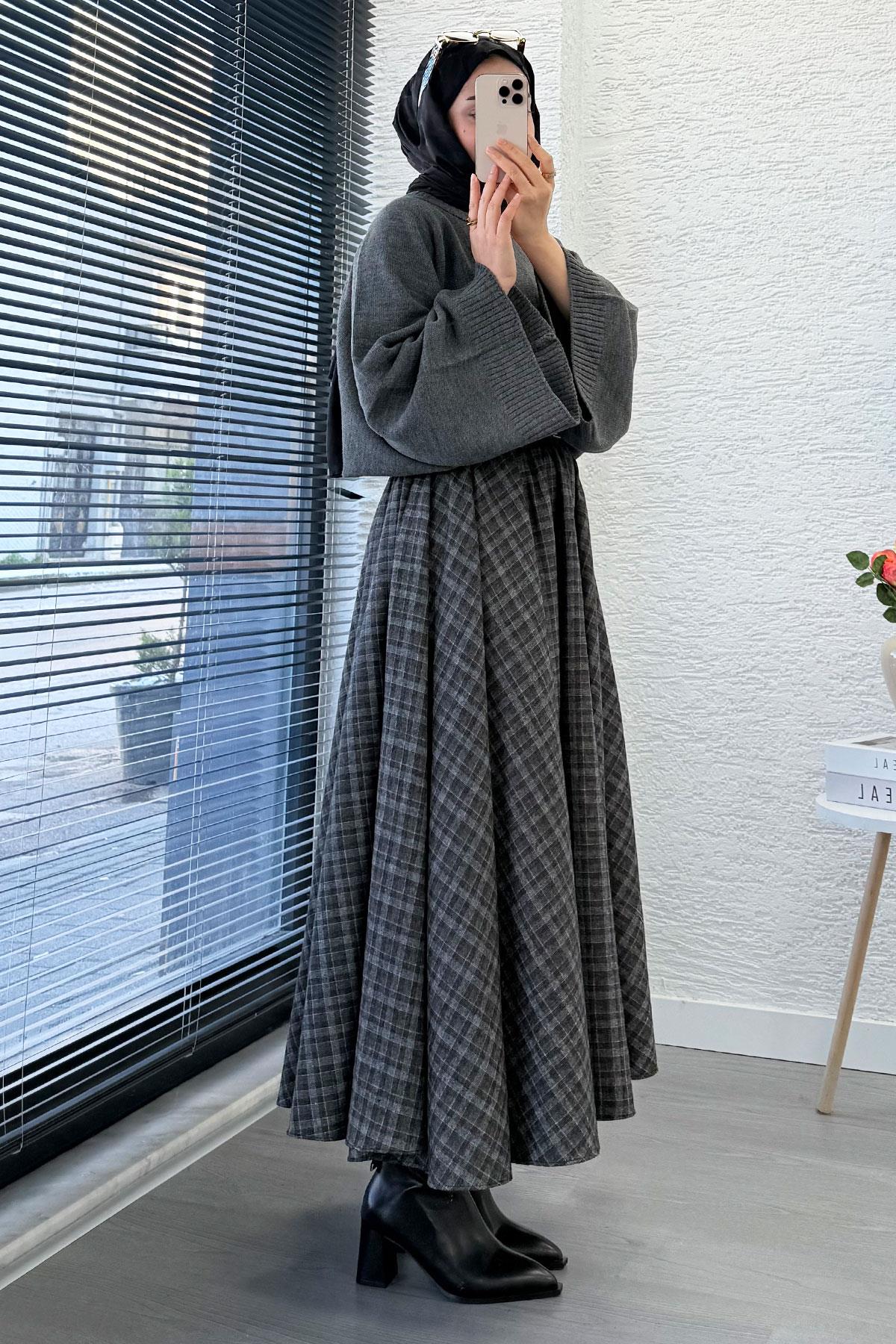 Beli Lastikli Midiboy Ekose Desen Etek - Gri