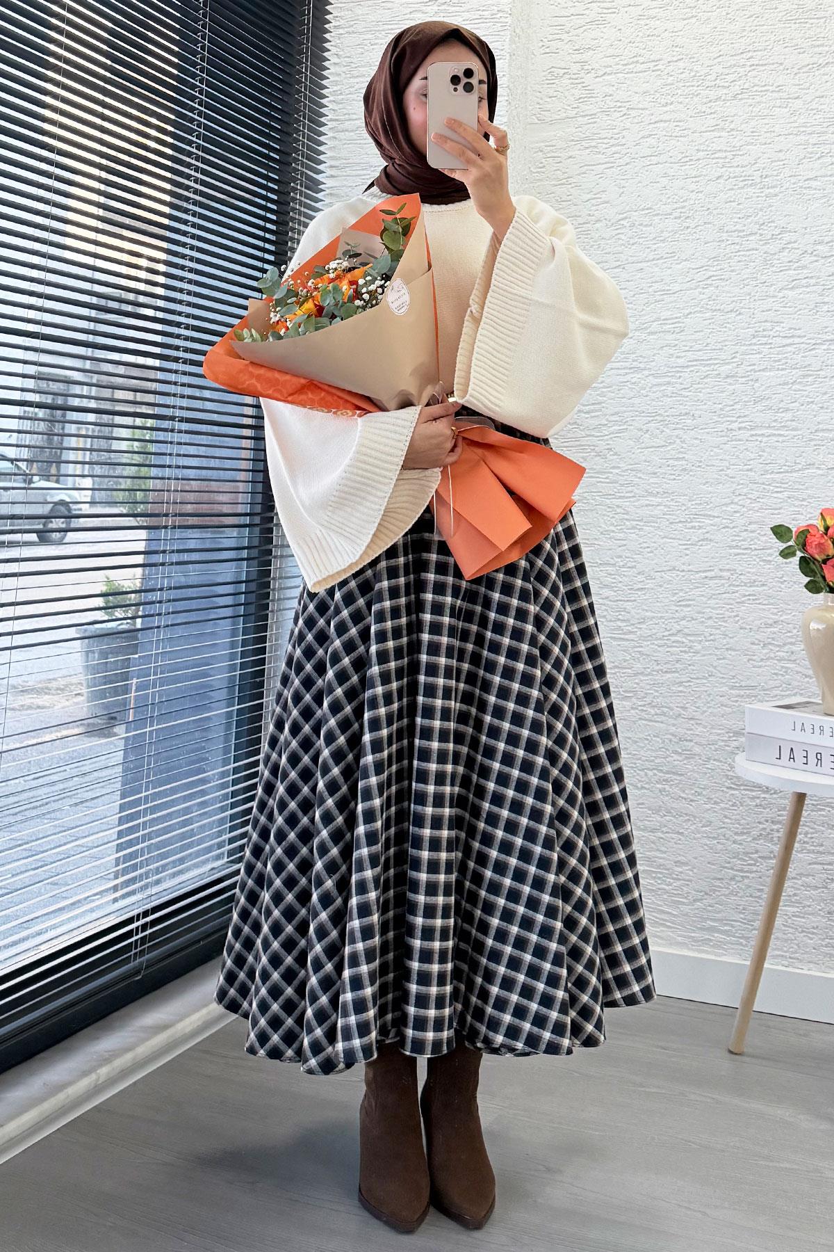 Beli Lastikli Midiboy Ekose Desen Etek - Siyah