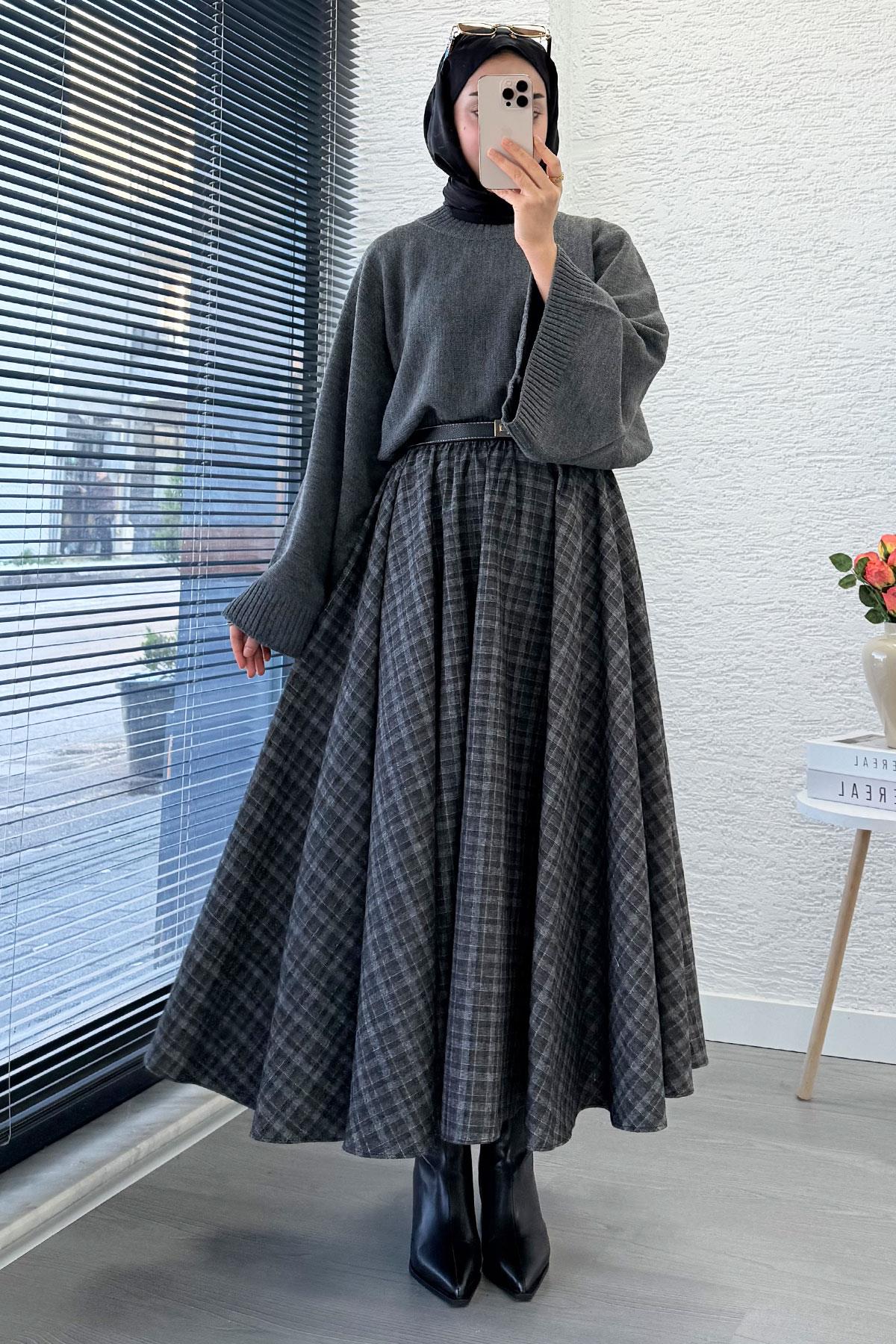 Beli Lastikli Midiboy Ekose Desen Etek - Gri