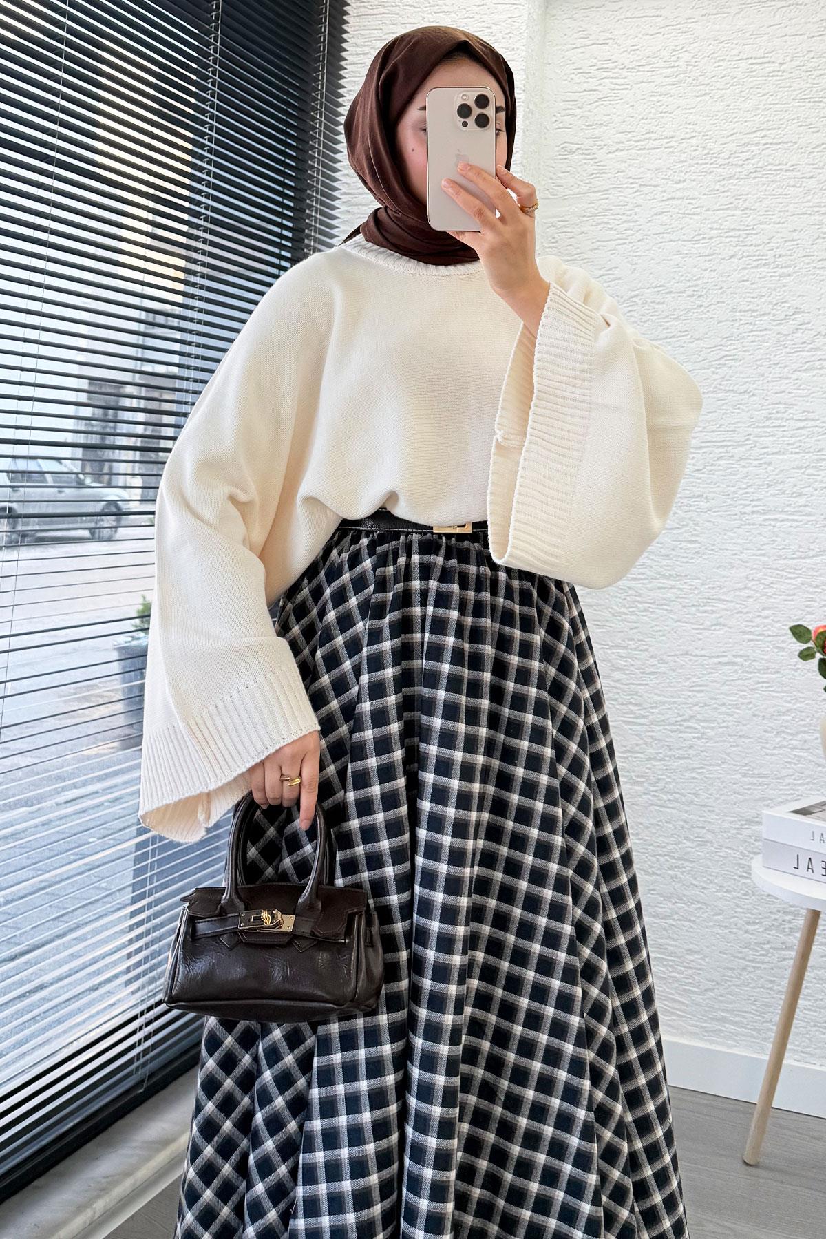 Beli Lastikli Midiboy Ekose Desen Etek - Siyah