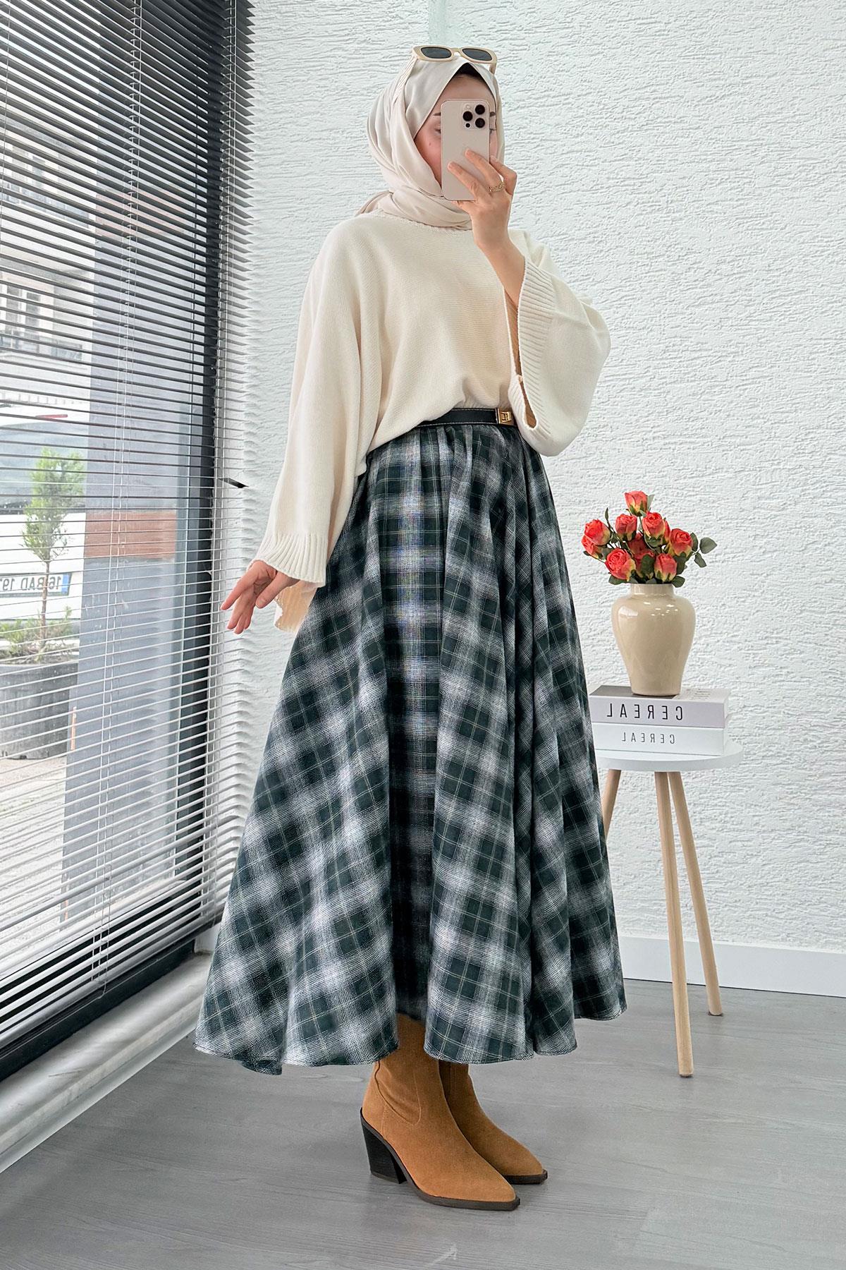 Beli Lastikli Midiboy Ekose Desen Etek - Zümrüt