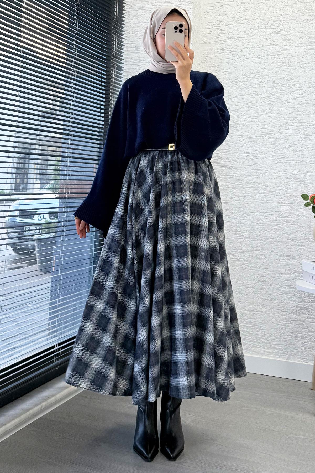 Beli Lastikli Midiboy Ekose Desen Etek - Lacivert