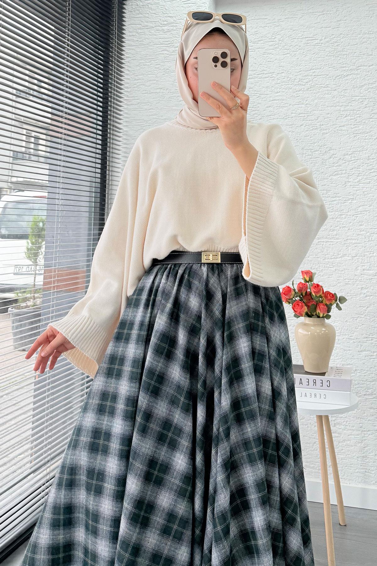 Beli Lastikli Midiboy Ekose Desen Etek - Zümrüt