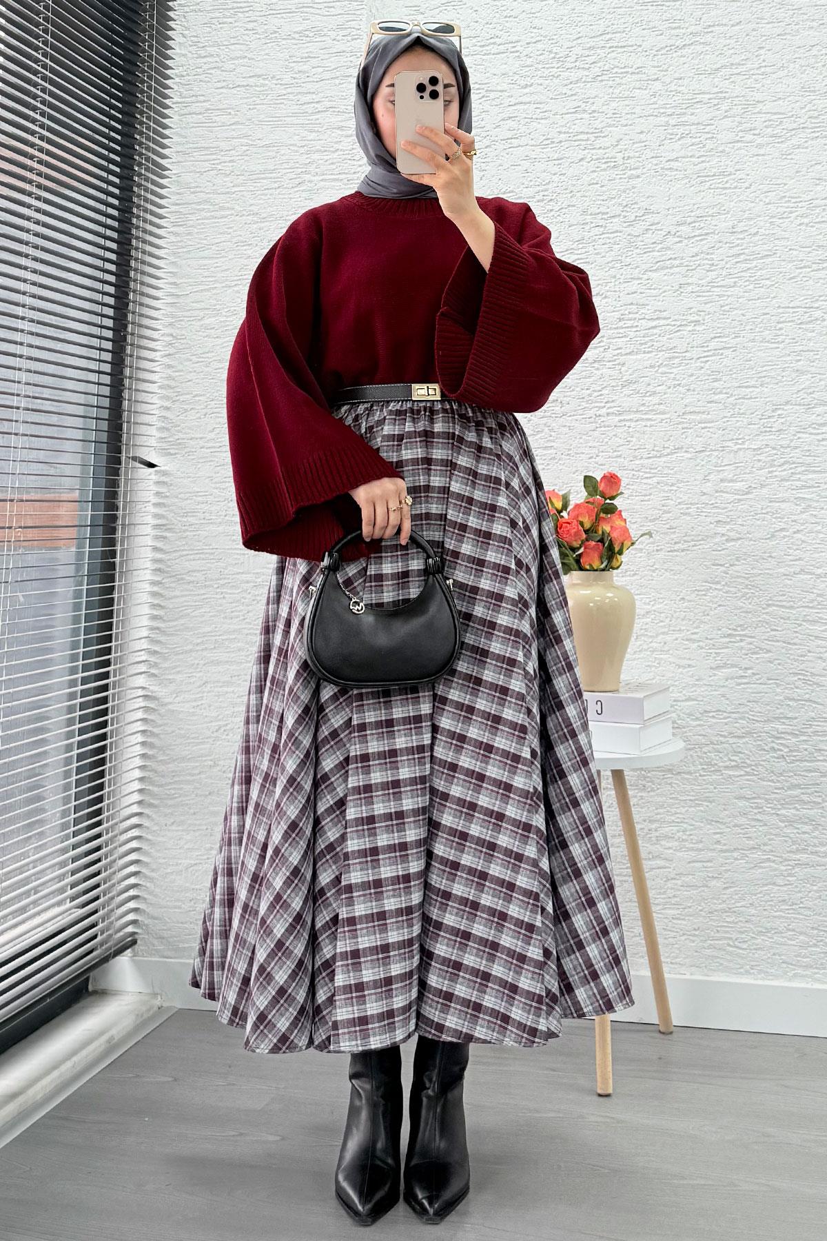 Beli Lastikli Midiboy Ekose Desen Etek - Bordo - Gri