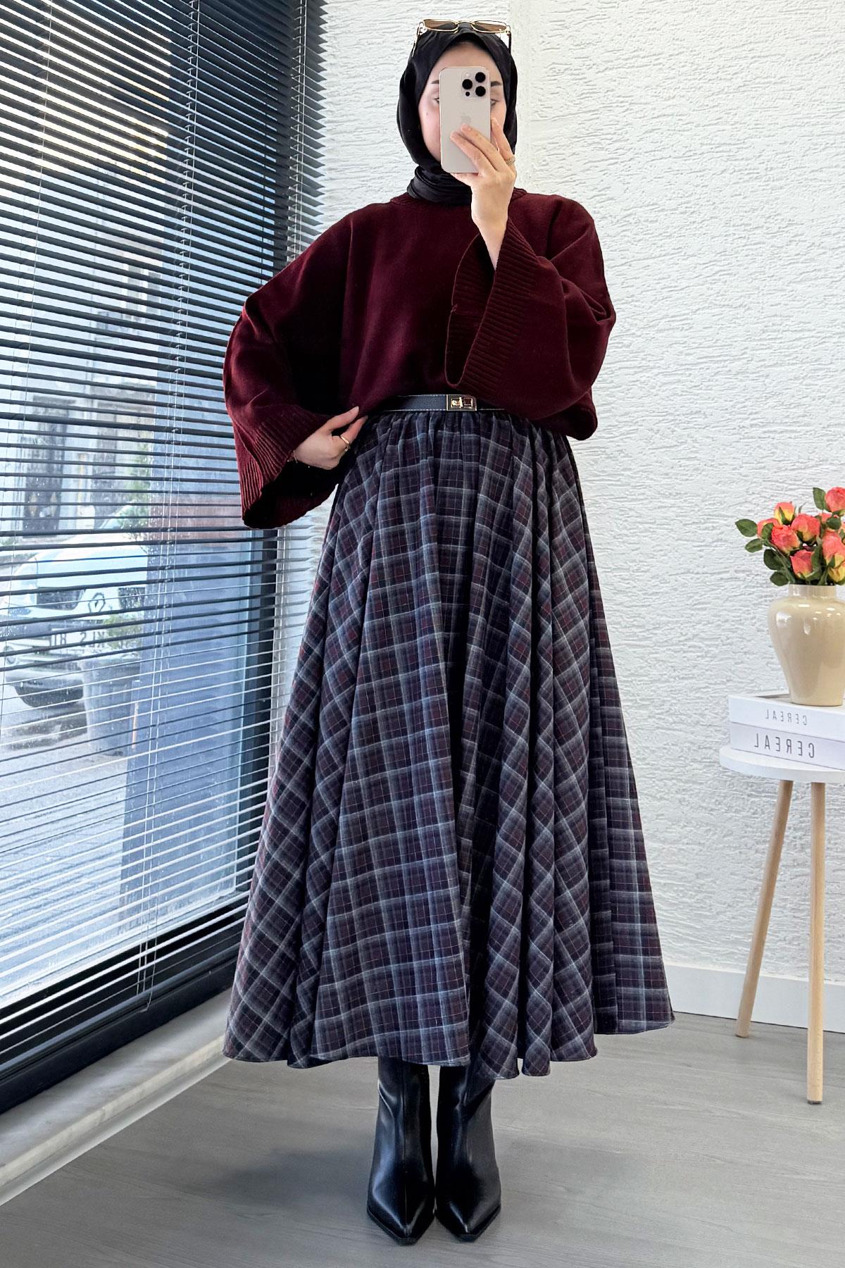 Beli Lastikli Midiboy Ekose Desen Etek - Bordo