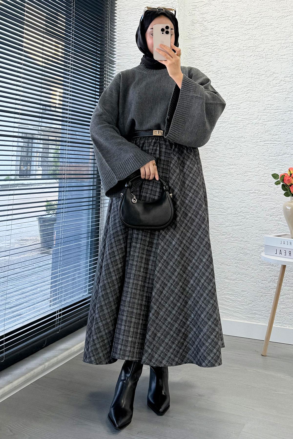 Beli Lastikli Midiboy Ekose Desen Etek - Gri