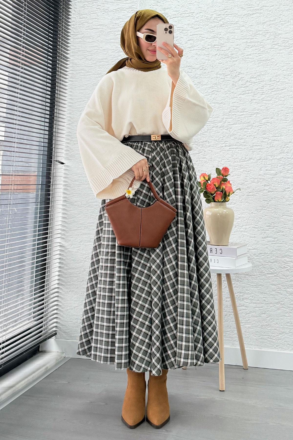 Beli Lastikli Midiboy Ekose Desen Etek - Yeşil