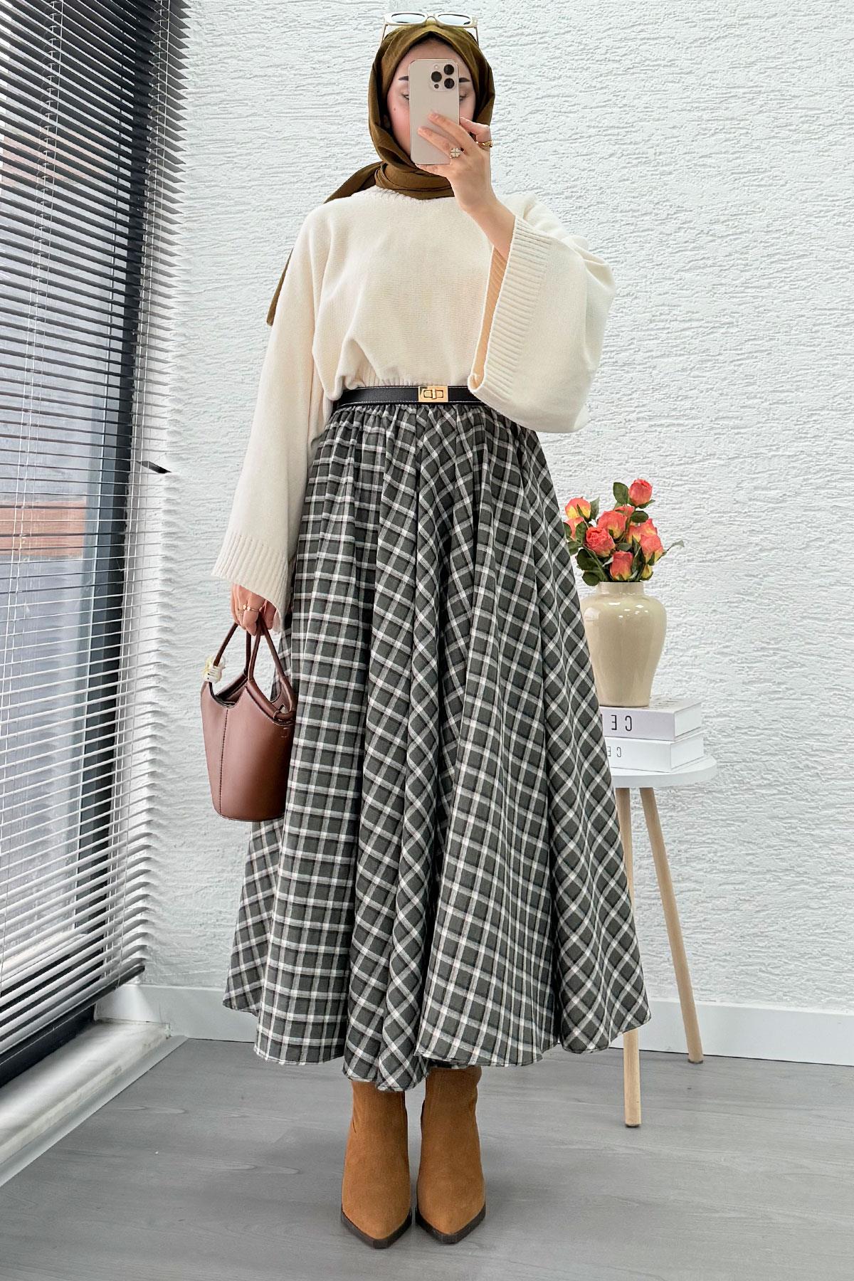 Beli Lastikli Midiboy Ekose Desen Etek - Yeşil