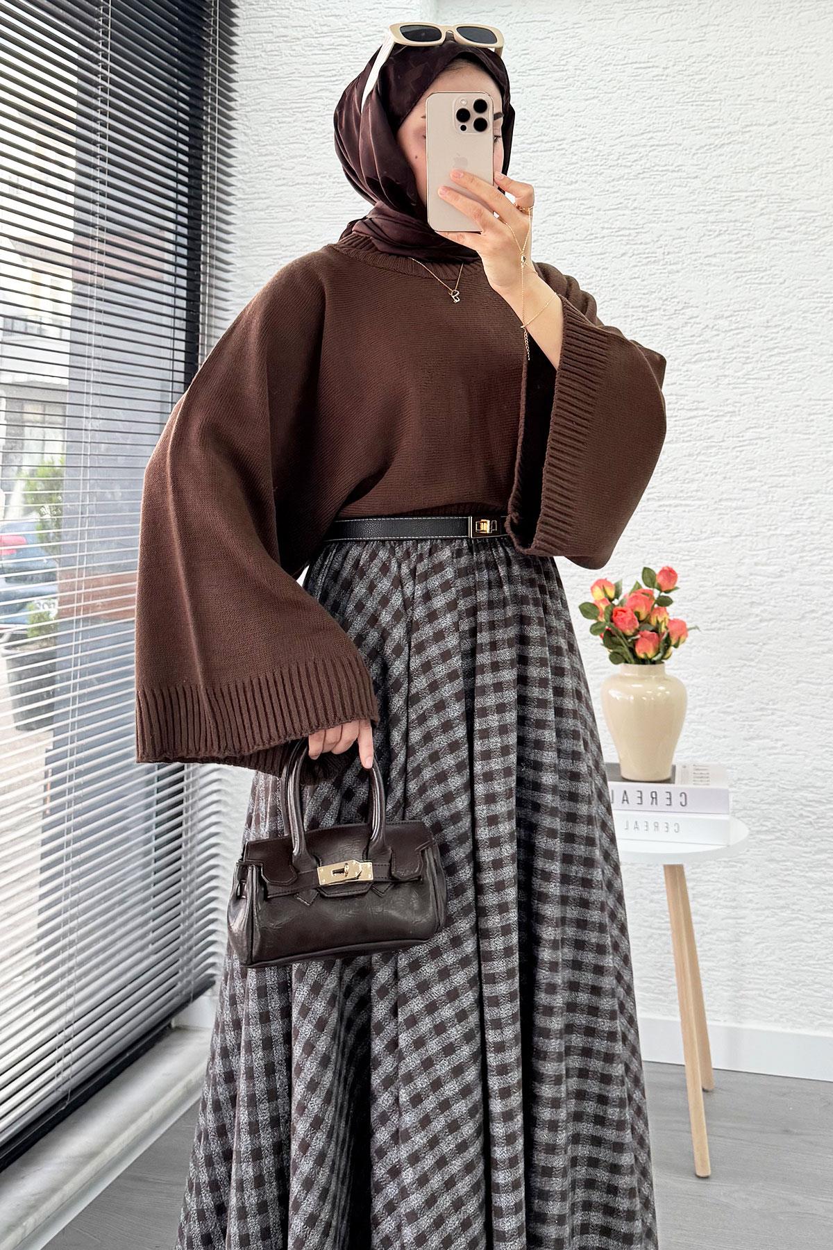 Beli Lastikli Midiboy Ekose Desen Etek - Kahve