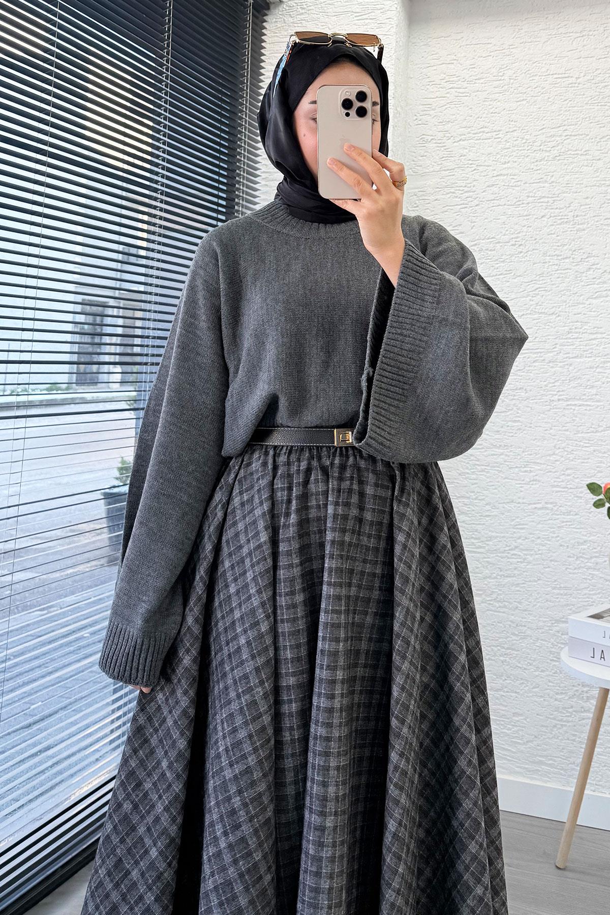 Beli Lastikli Midiboy Ekose Desen Etek - Gri