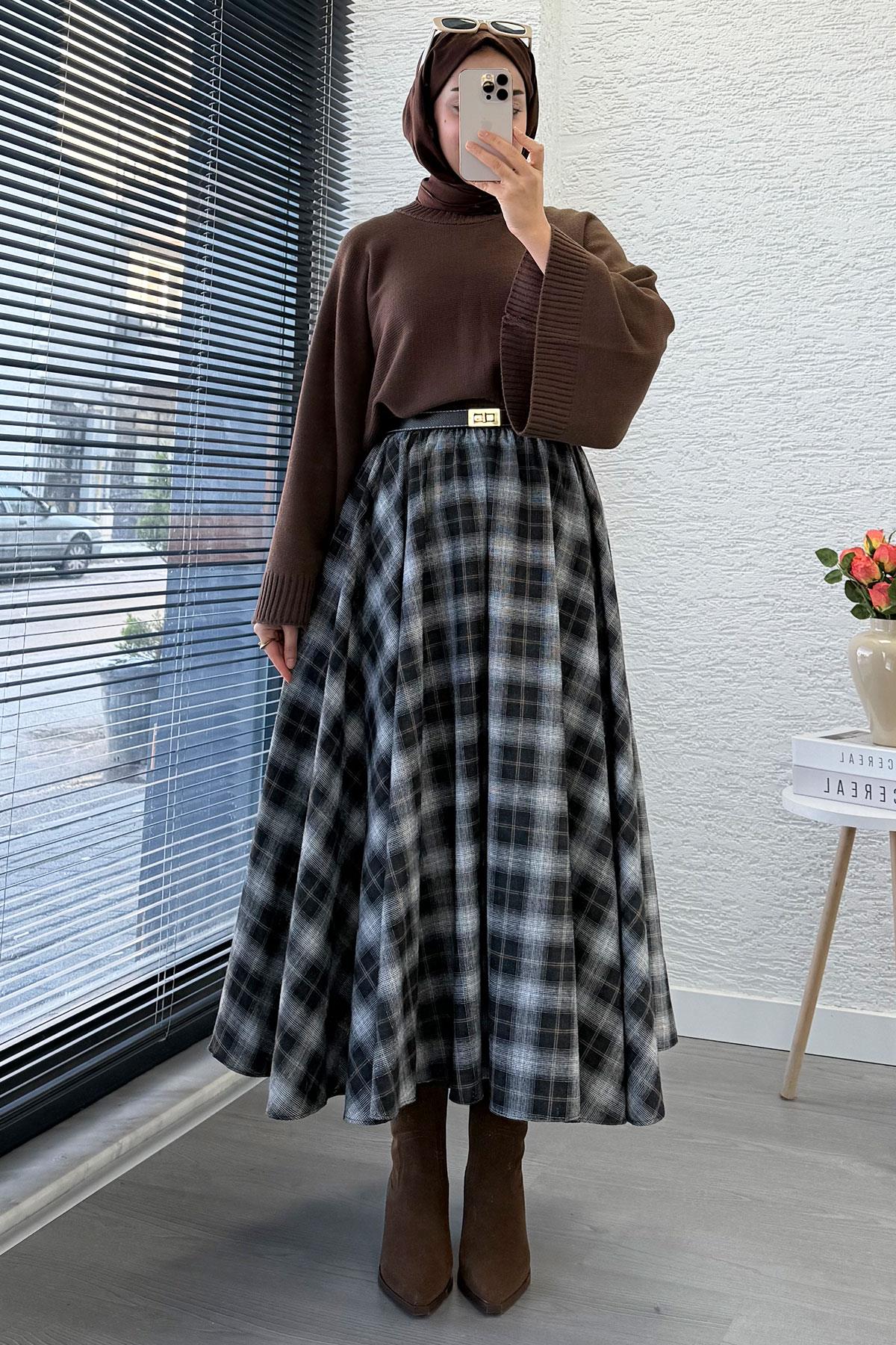 Beli Lastikli Midiboy Ekose Desen Etek - Kahverengi