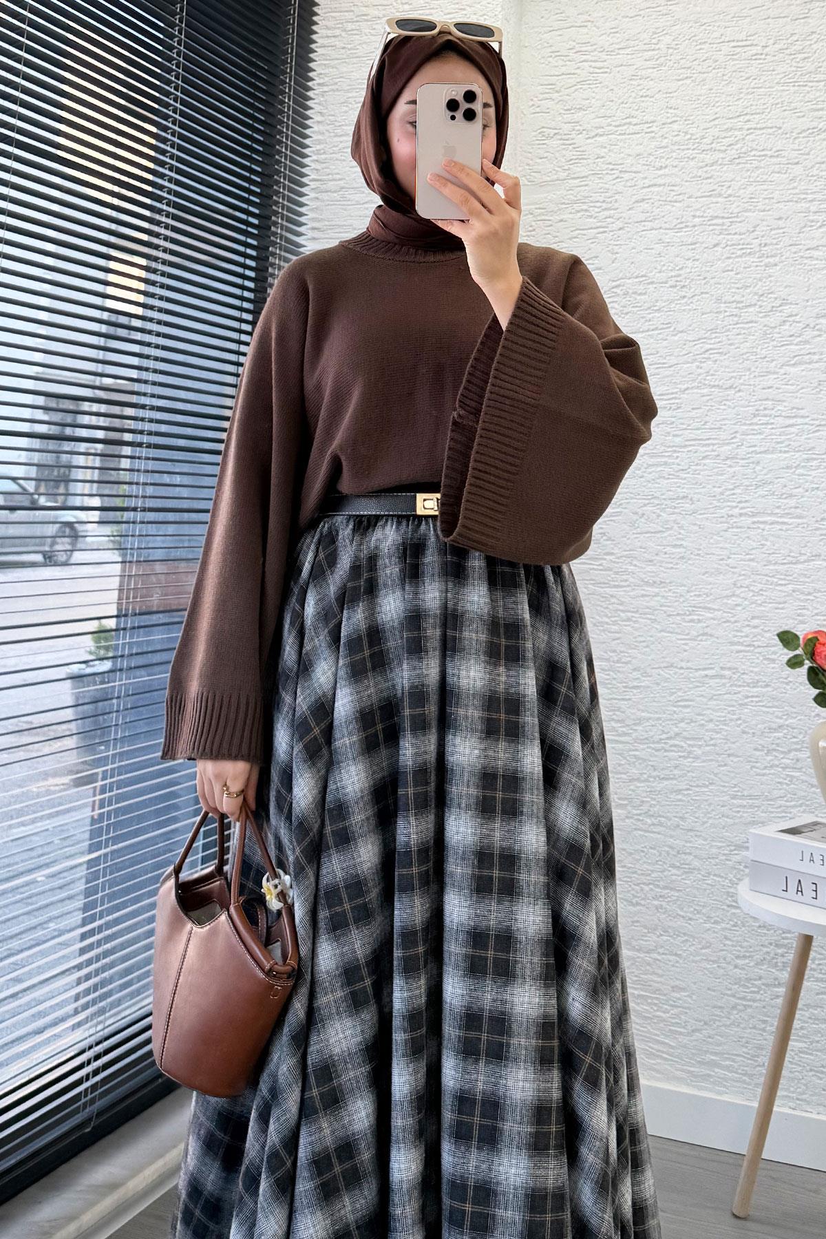 Beli Lastikli Midiboy Ekose Desen Etek - Kahverengi