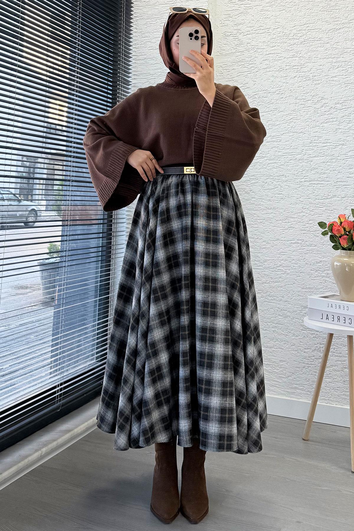 Beli Lastikli Midiboy Ekose Desen Etek - Kahverengi