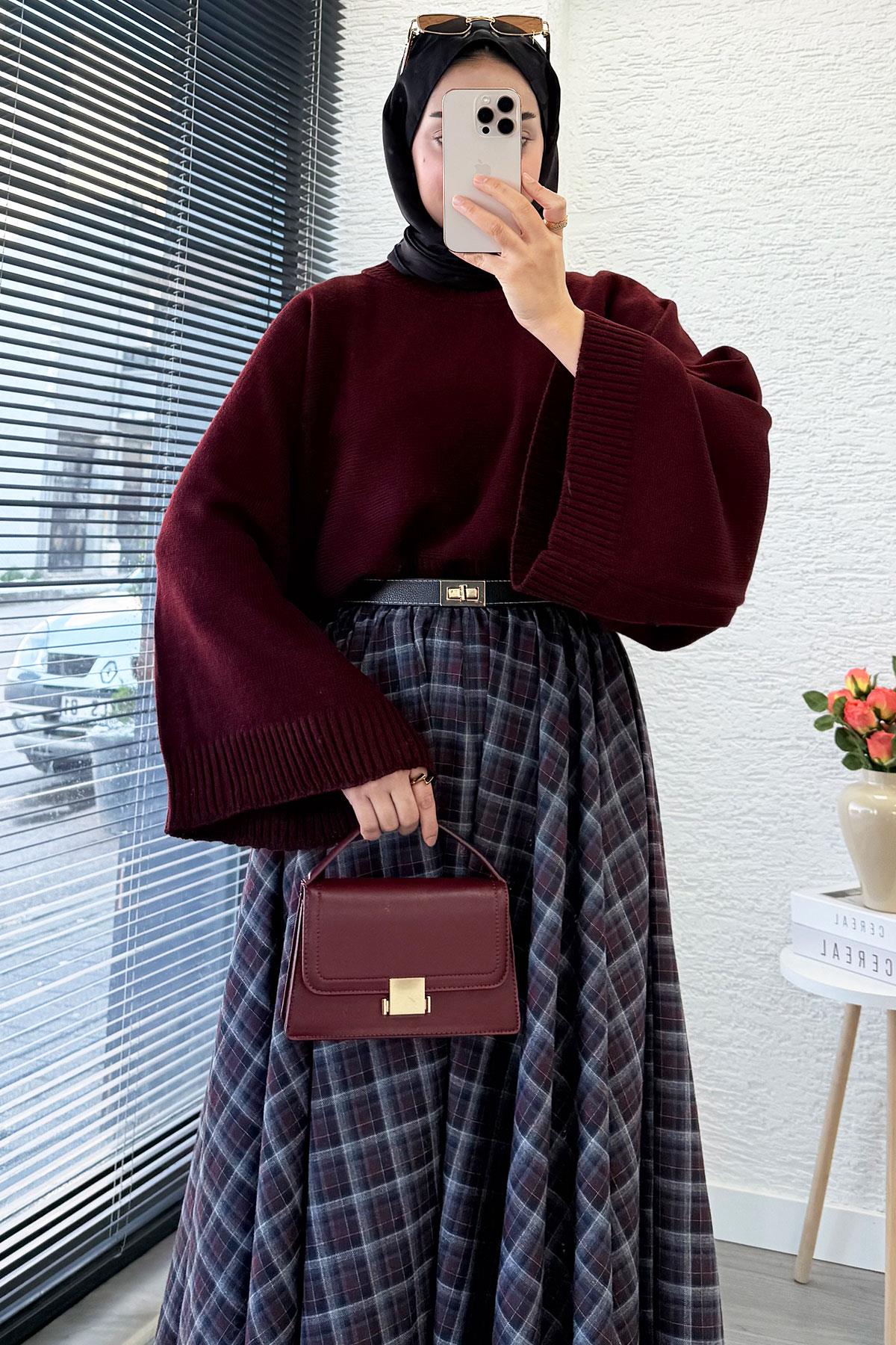 Beli Lastikli Midiboy Ekose Desen Etek - Bordo