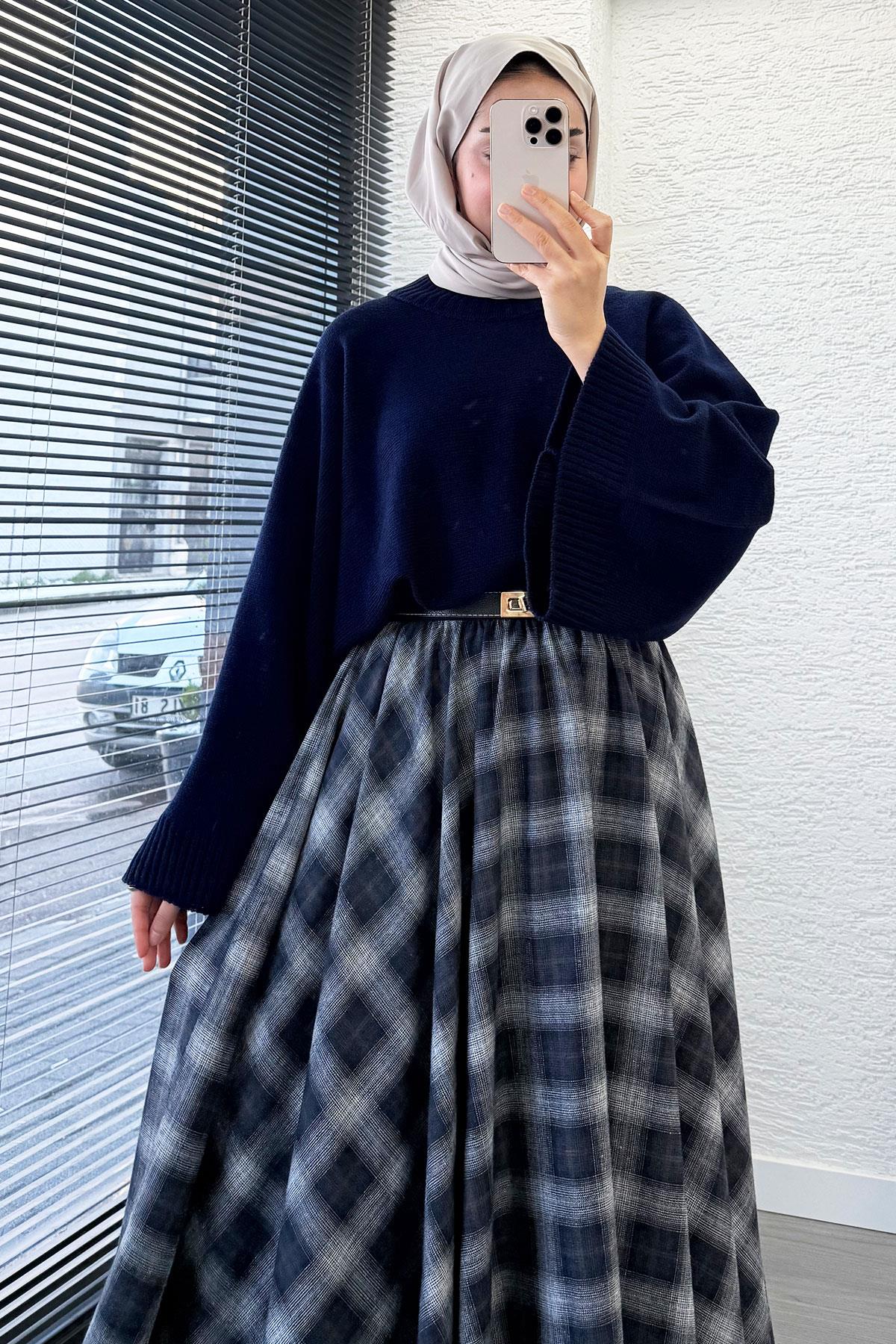 Beli Lastikli Midiboy Ekose Desen Etek - Lacivert