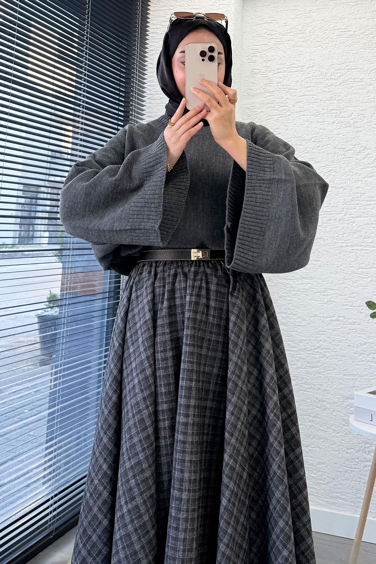 Beli Lastikli Midiboy Ekose Desen Etek - Gri