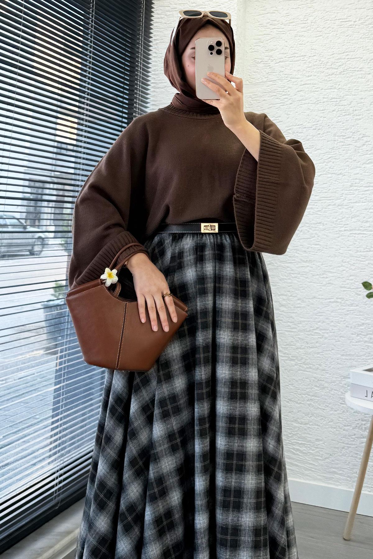 Beli Lastikli Midiboy Ekose Desen Etek - Kahverengi