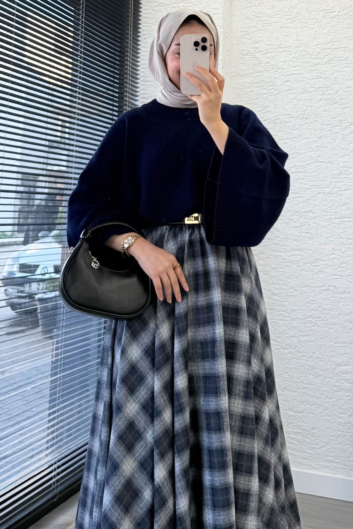 Beli Lastikli Midiboy Ekose Desen Etek - Lacivert