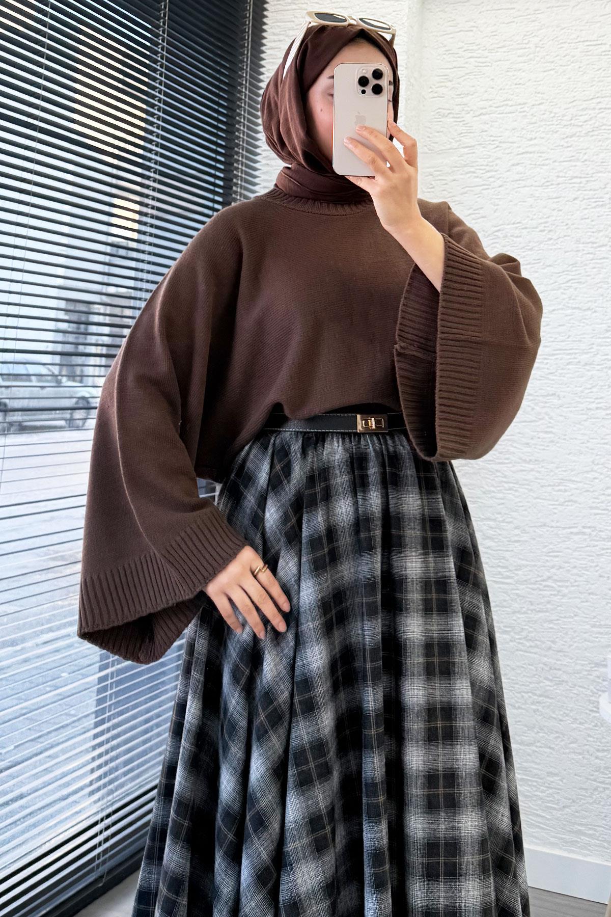 Beli Lastikli Midiboy Ekose Desen Etek - Kahverengi