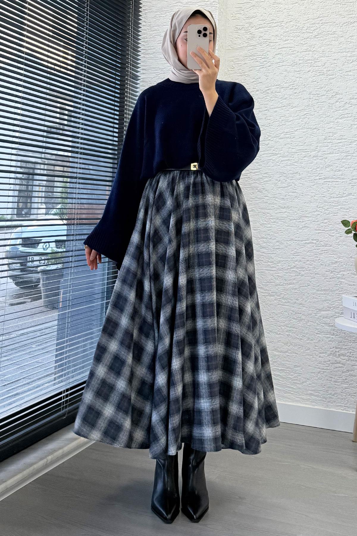 Beli Lastikli Midiboy Ekose Desen Etek - Lacivert